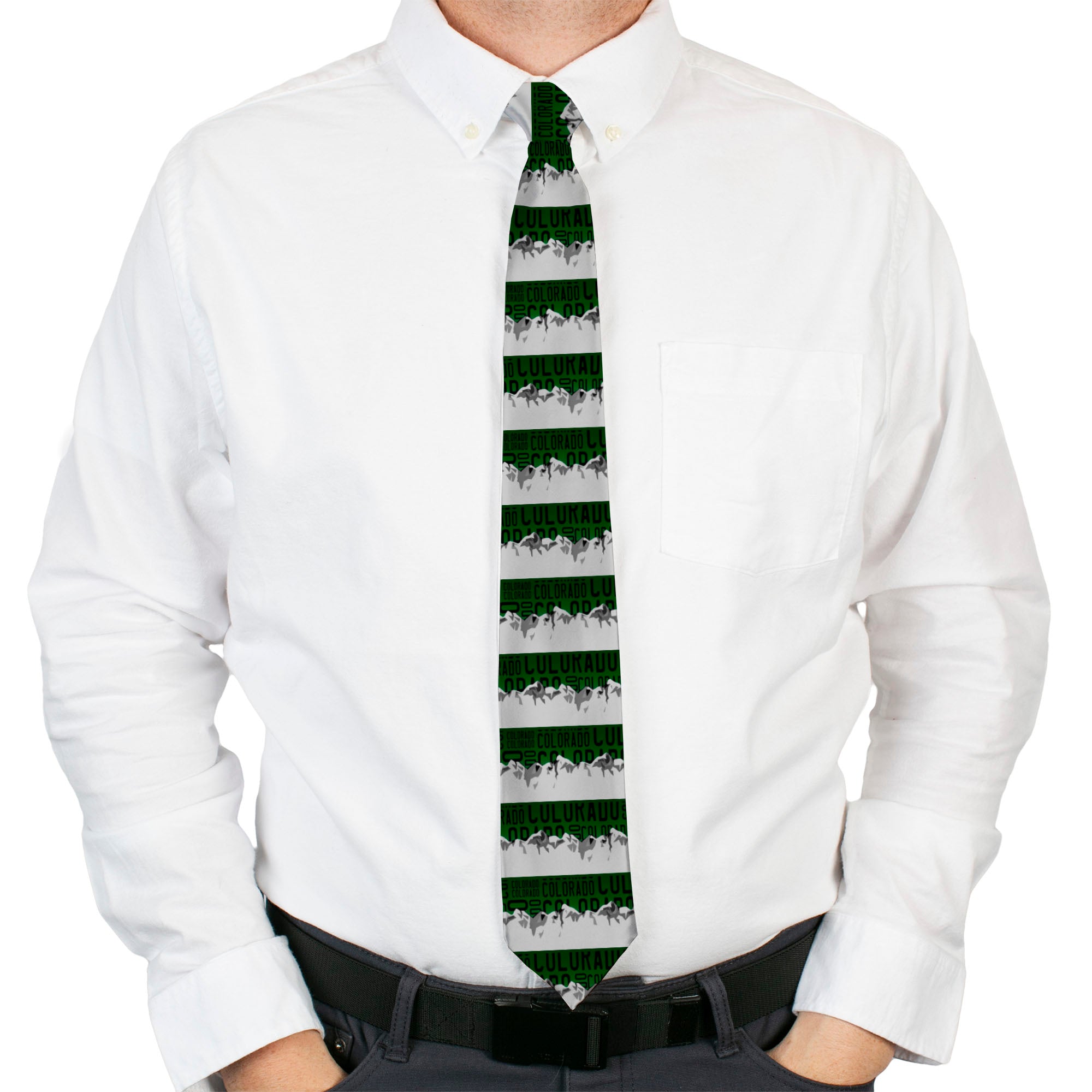 Buckle-Down Necktie - Colorado Mountains Green/Black Text/Grays Neckties Buckle-Down