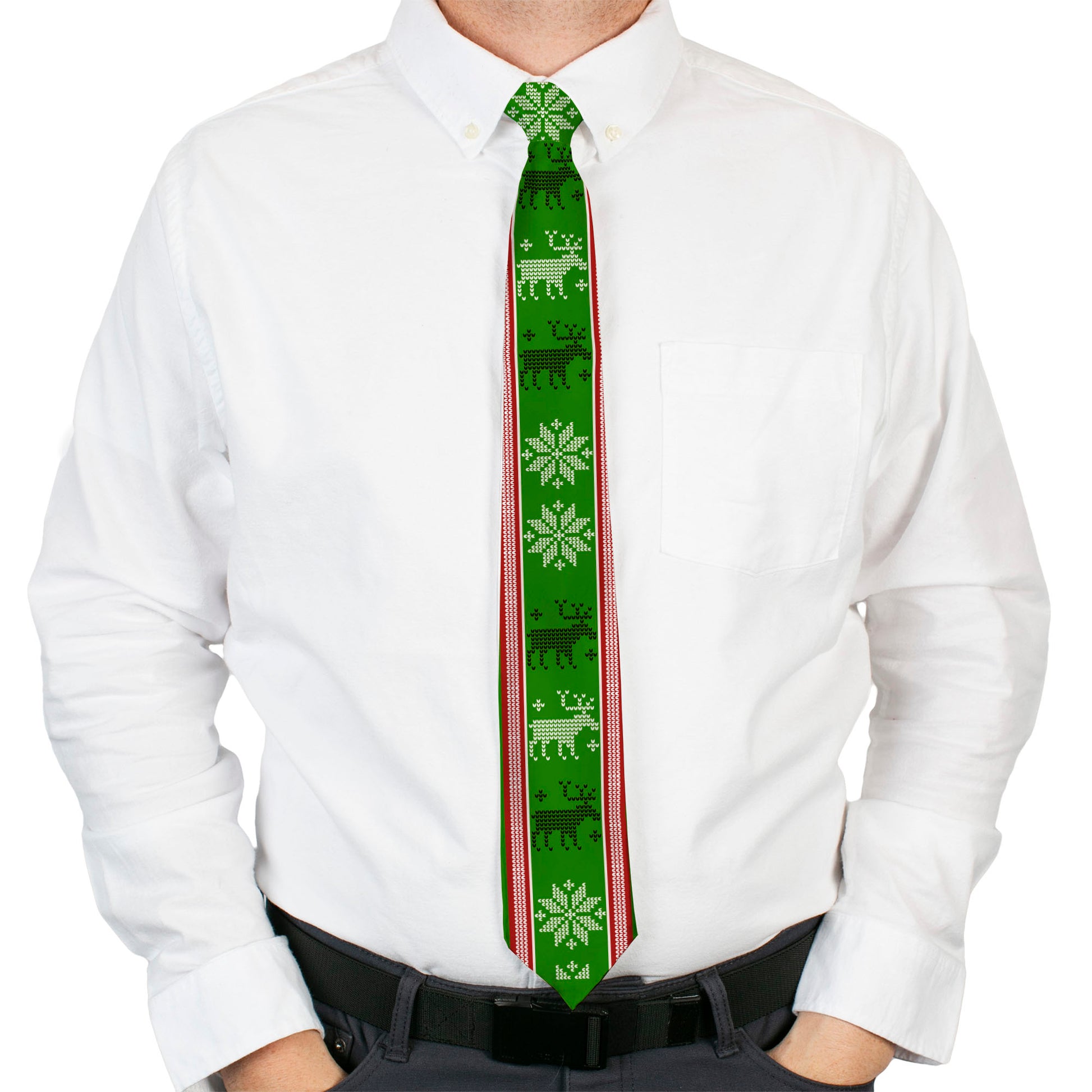 Buckle-Down Necktie - Christmas Stitch Moose/Snowflakes Red/Green Neckties Buckle-Down