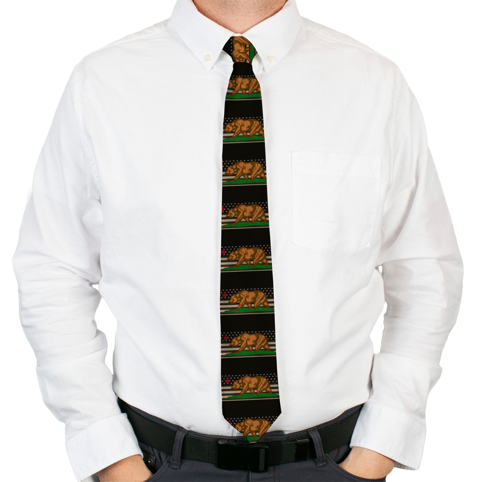 Buckle-Down Necktie - Cali Bear/Star/US Flag Stretch Black/White/Red Neckties Buckle-Down