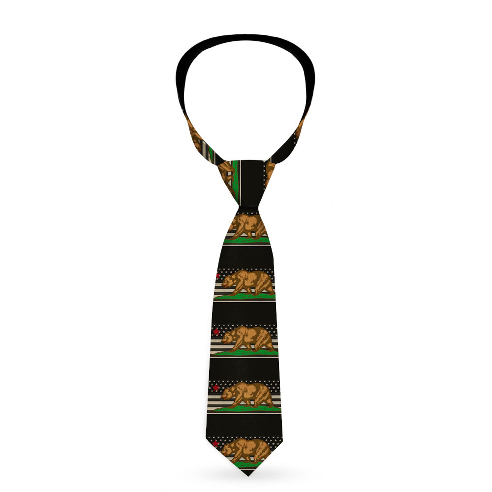 Buckle-Down Necktie - Cali Bear/Star/US Flag Stretch Black/White/Red Neckties Buckle-Down