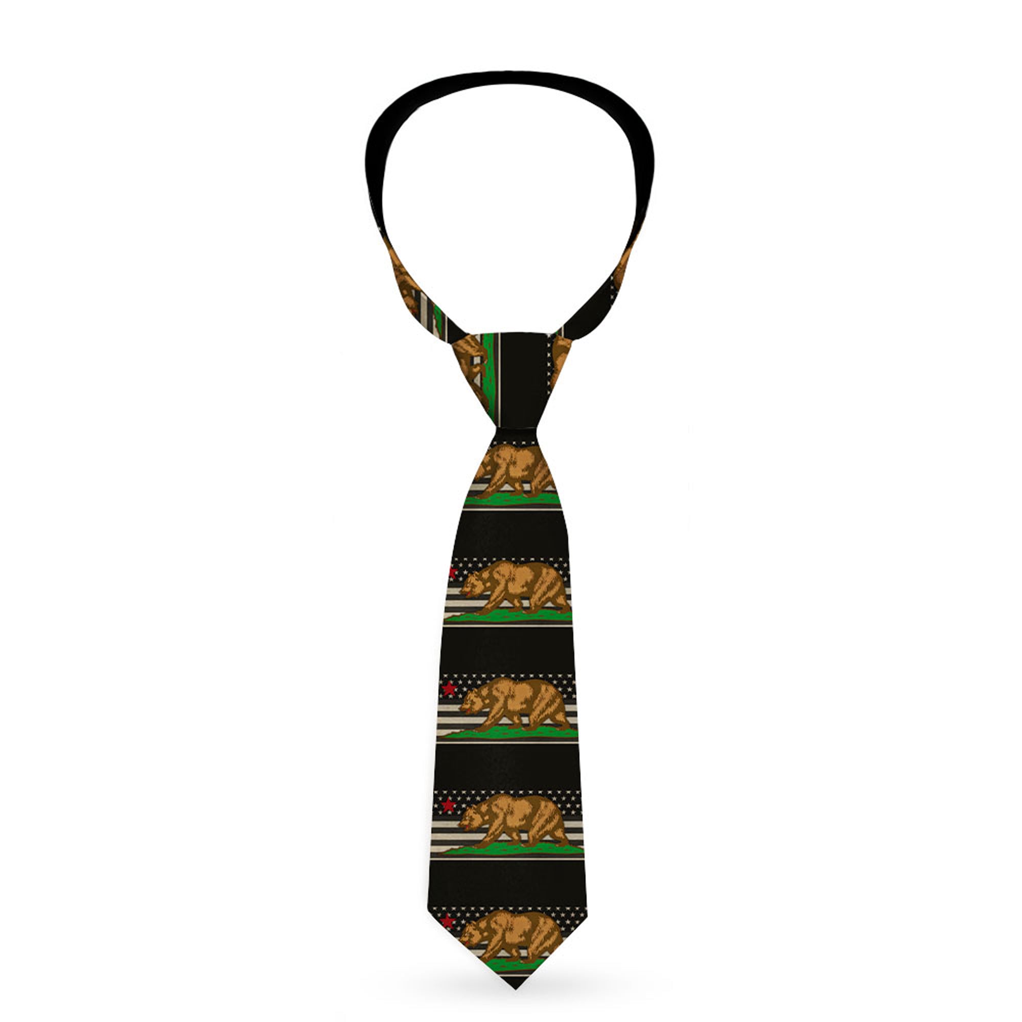 Buckle-Down Necktie - Cali Bear/Star/US Flag Stretch Black/White/Red Neckties Buckle-Down