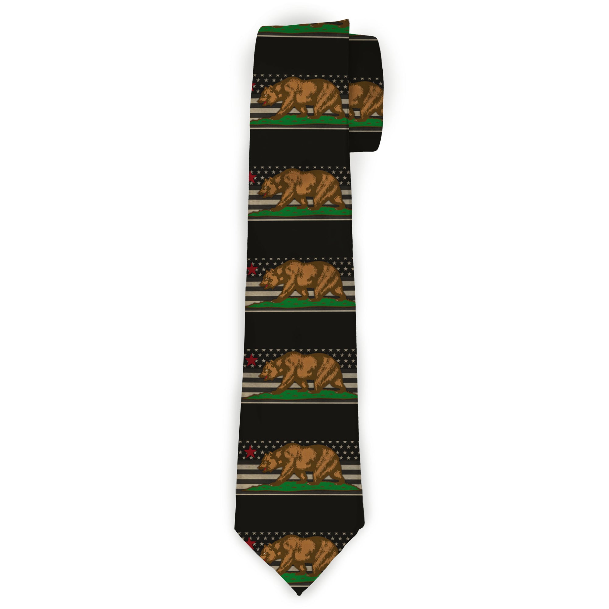 Buckle-Down Necktie - Cali Bear/Star/US Flag Stretch Black/White/Red Neckties Buckle-Down