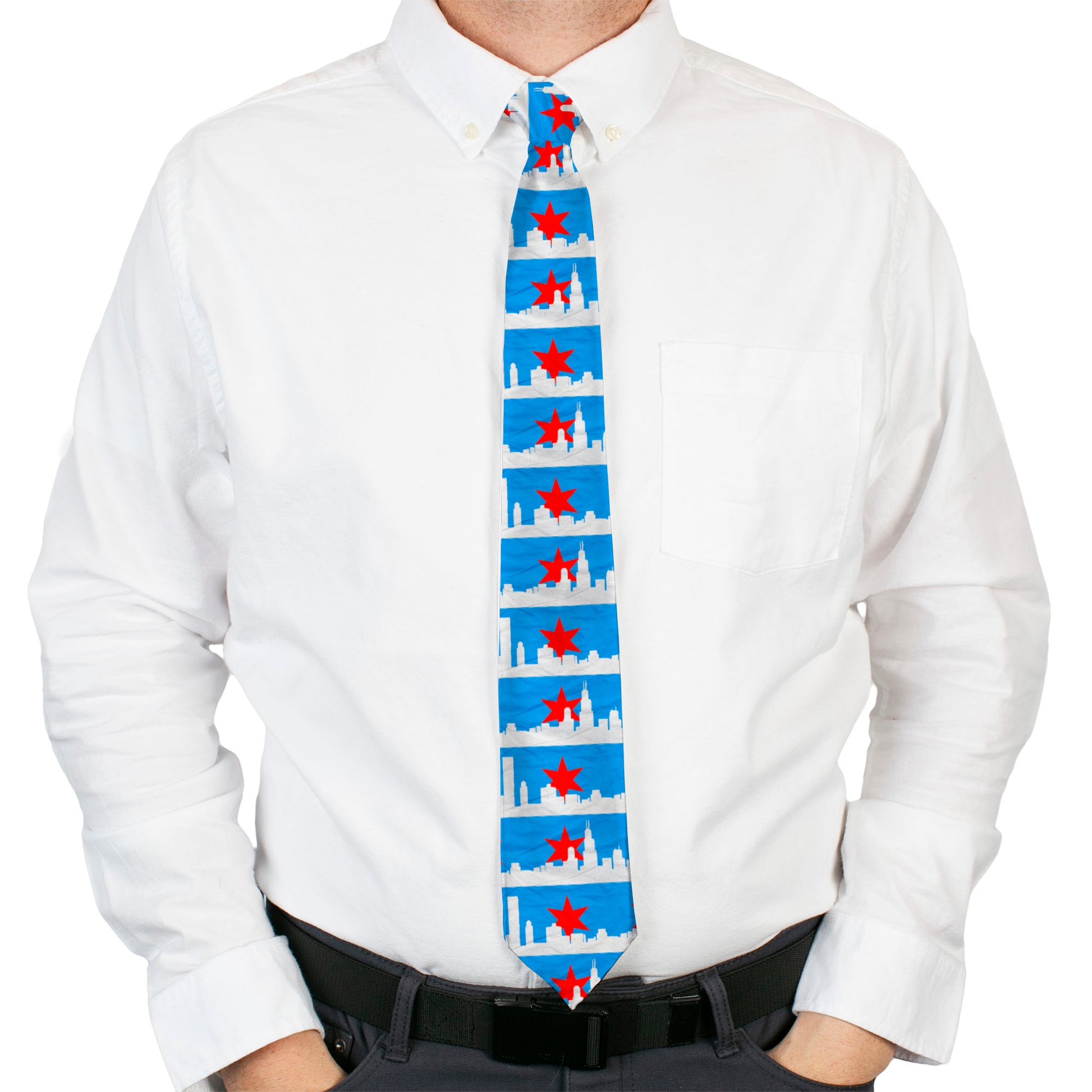 Buckle-Down Necktie - Chicago Skyline/Flag Distressed Black/White/Red Neckties Buckle-Down