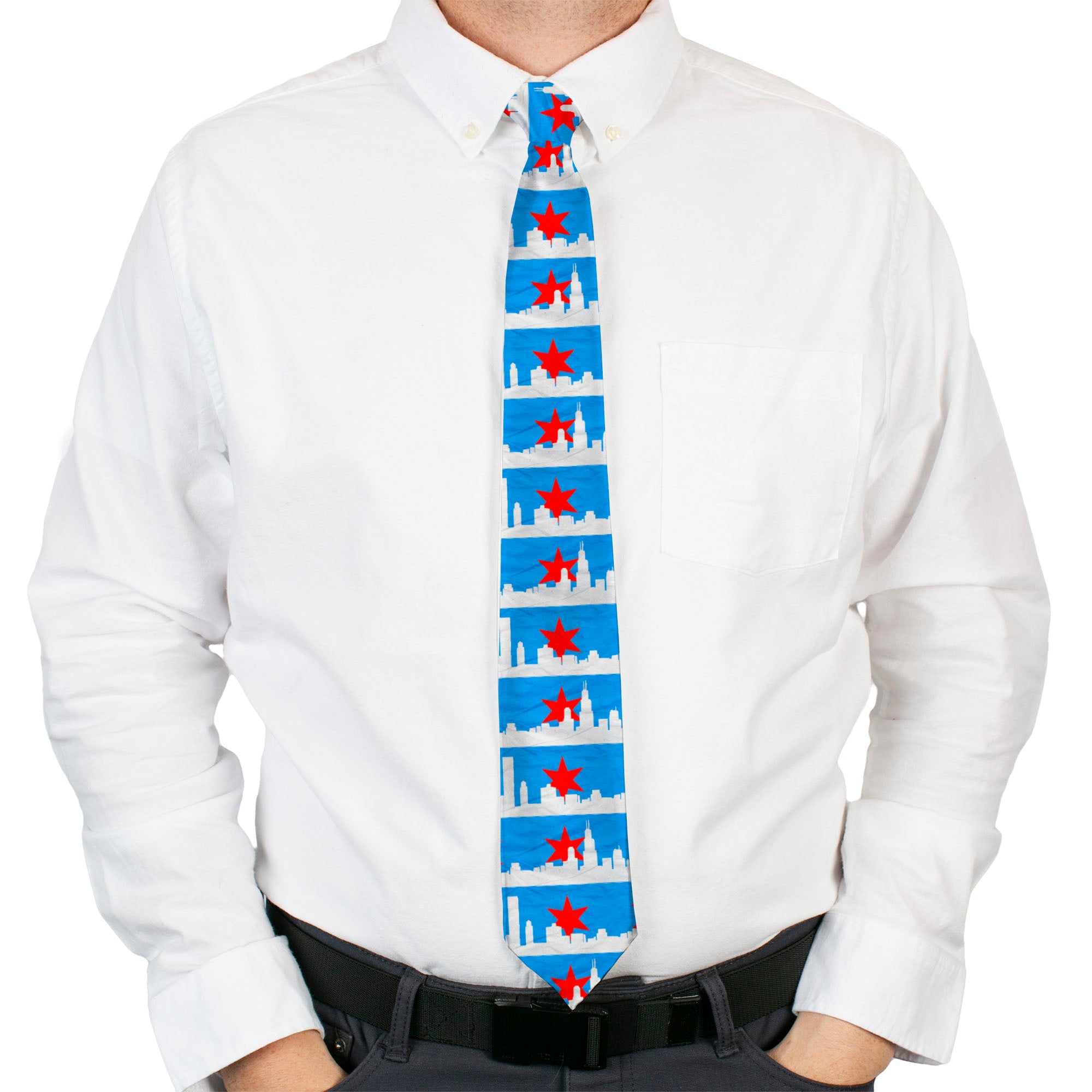 Buckle-Down Necktie - Chicago Skyline/Flag Distressed Black/White/Red Neckties Buckle-Down