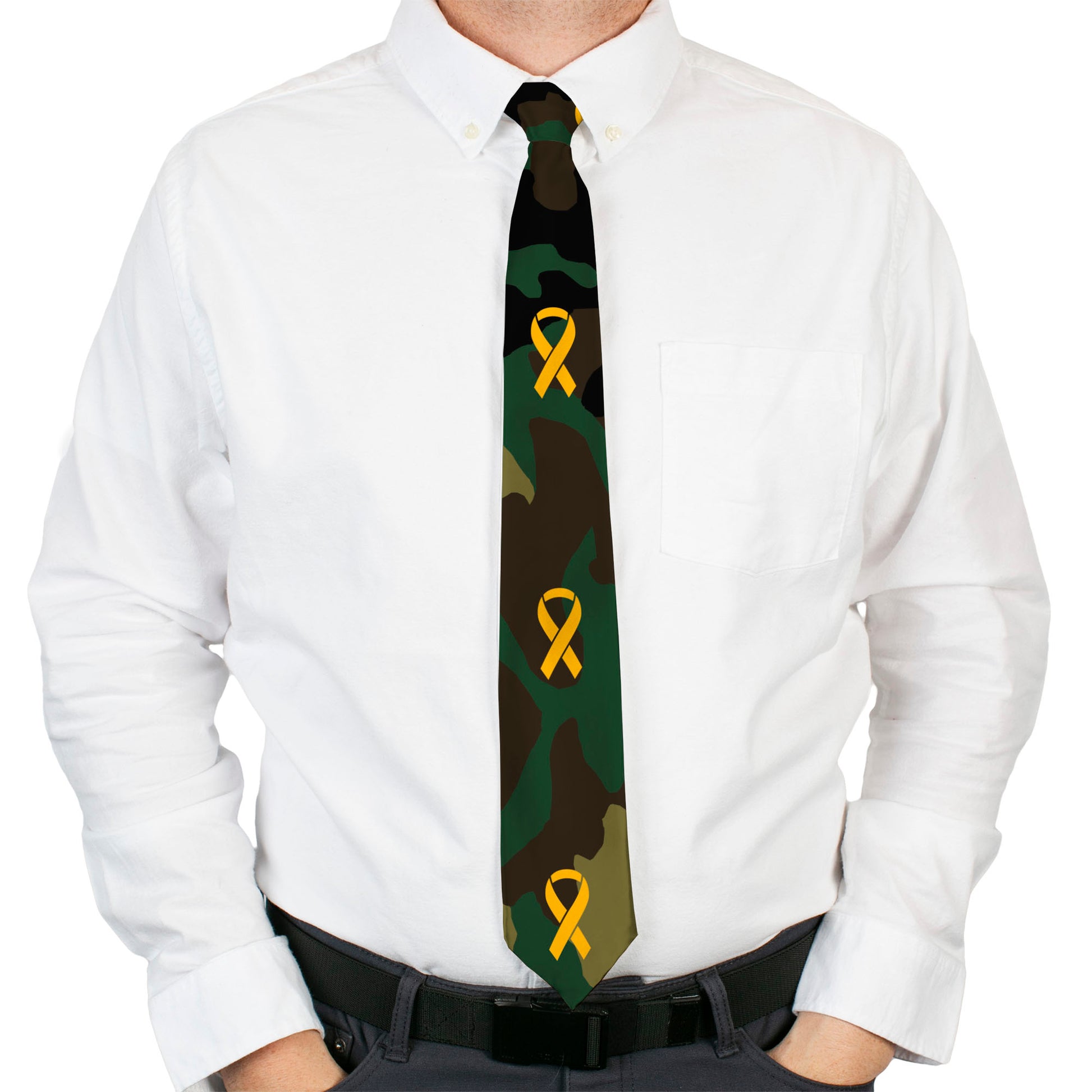 Buckle-Down Necktie - Support Our Troops Camo Olive/Yellow Ribbon Neckties Buckle-Down