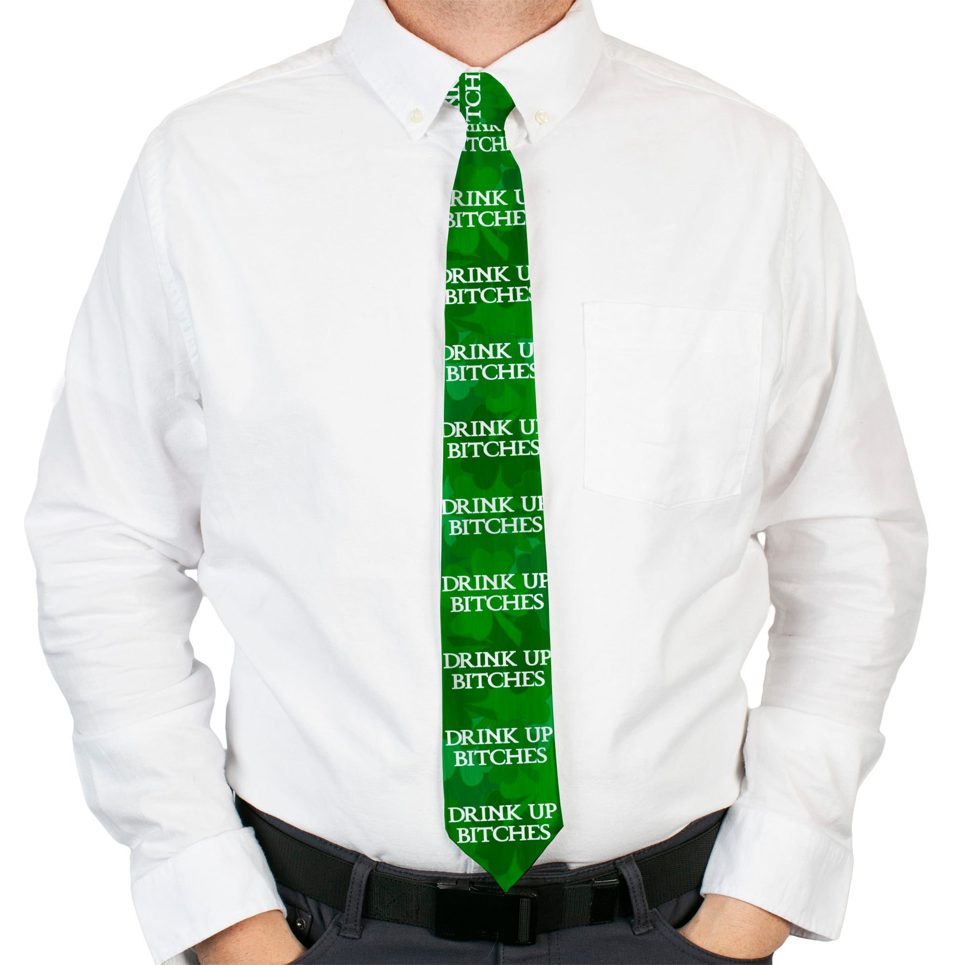 Buckle-Down Necktie - St. Pat's DRINK UP BITCHES/Stacked Shamrocks Greens/White Neckties Buckle-Down