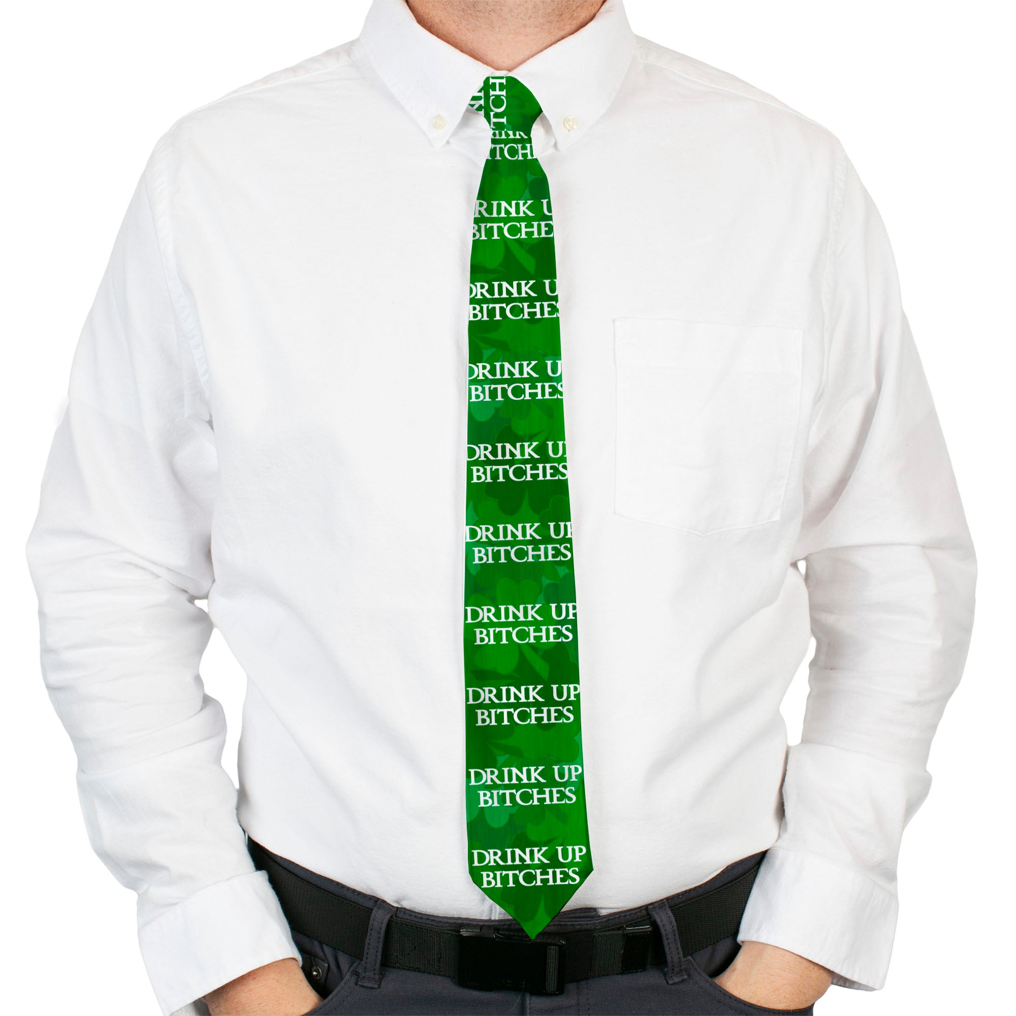 Buckle-Down Necktie - St. Pat's DRINK UP BITCHES/Stacked Shamrocks Greens/White Neckties Buckle-Down