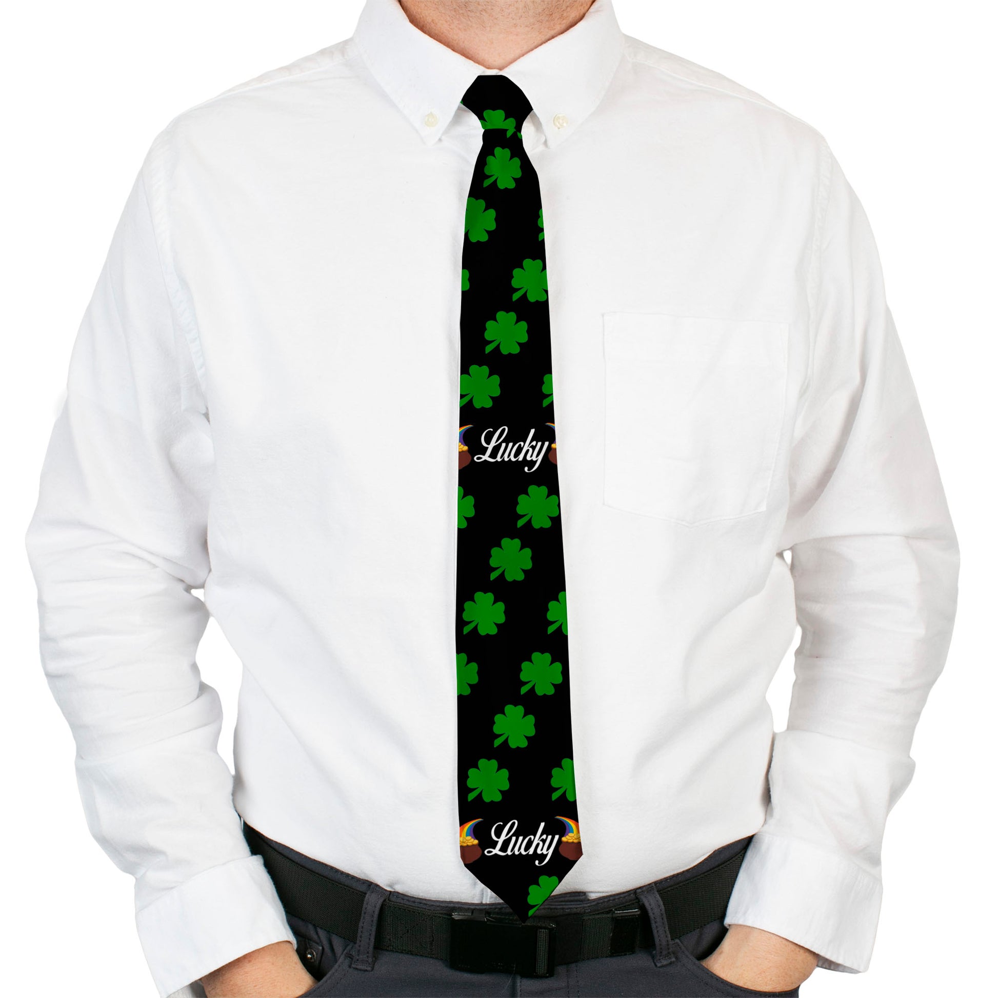Buckle-Down Necktie - St. Pat's LUCKY Pot of Gold/Shamrocks Scattered Black/Green/White Neckties Buckle-Down