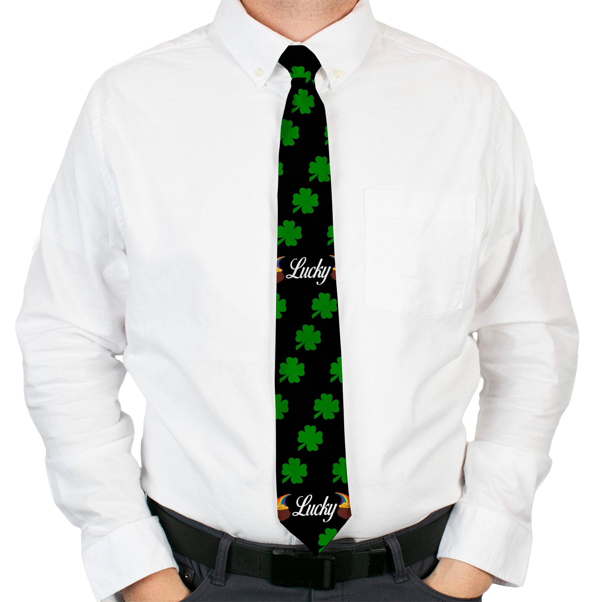 Buckle-Down Necktie - St. Pat's LUCKY Pot of Gold/Shamrocks Scattered Black/Green/White Neckties Buckle-Down