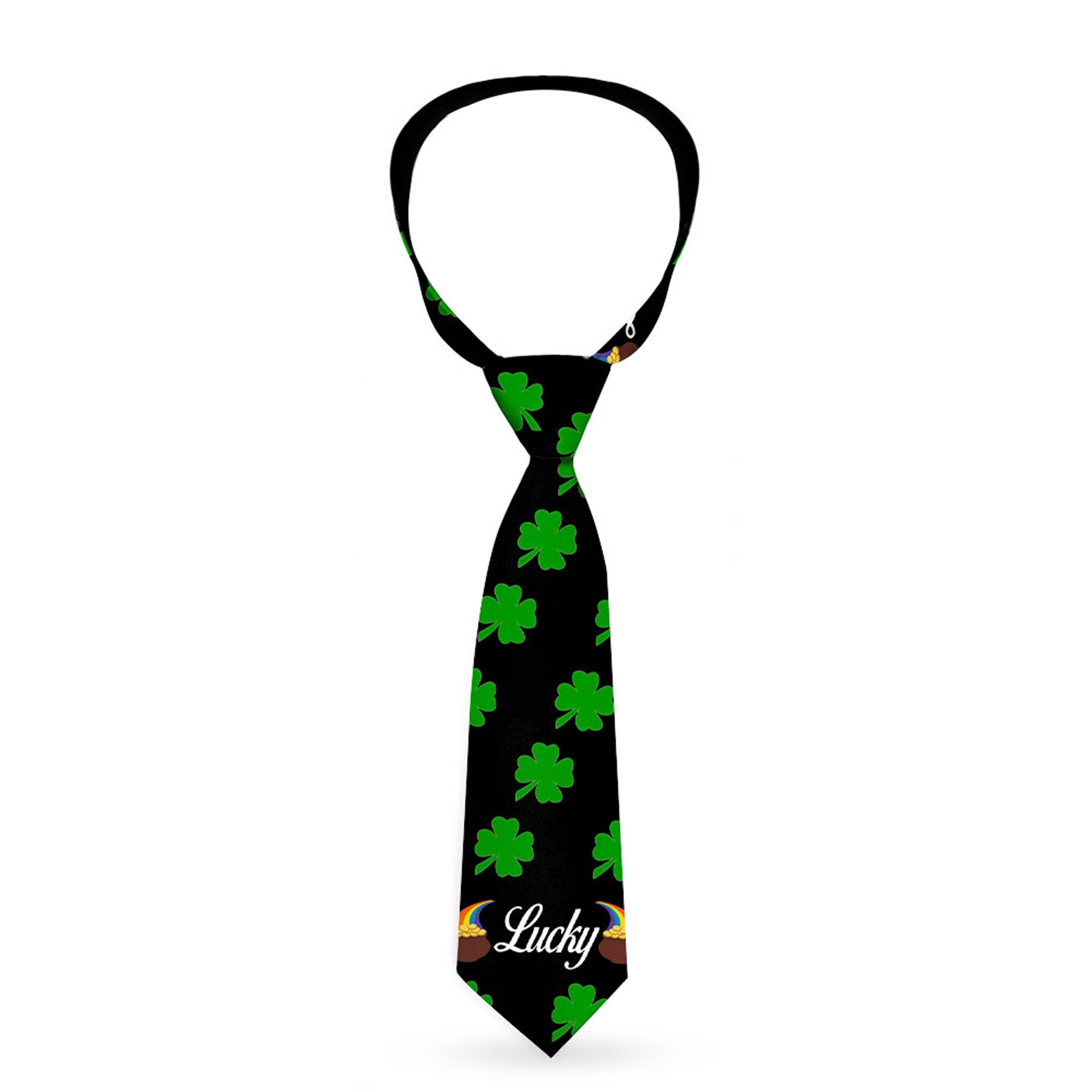 Buckle-Down Necktie - St. Pat's LUCKY Pot of Gold/Shamrocks Scattered Black/Green/White Neckties Buckle-Down