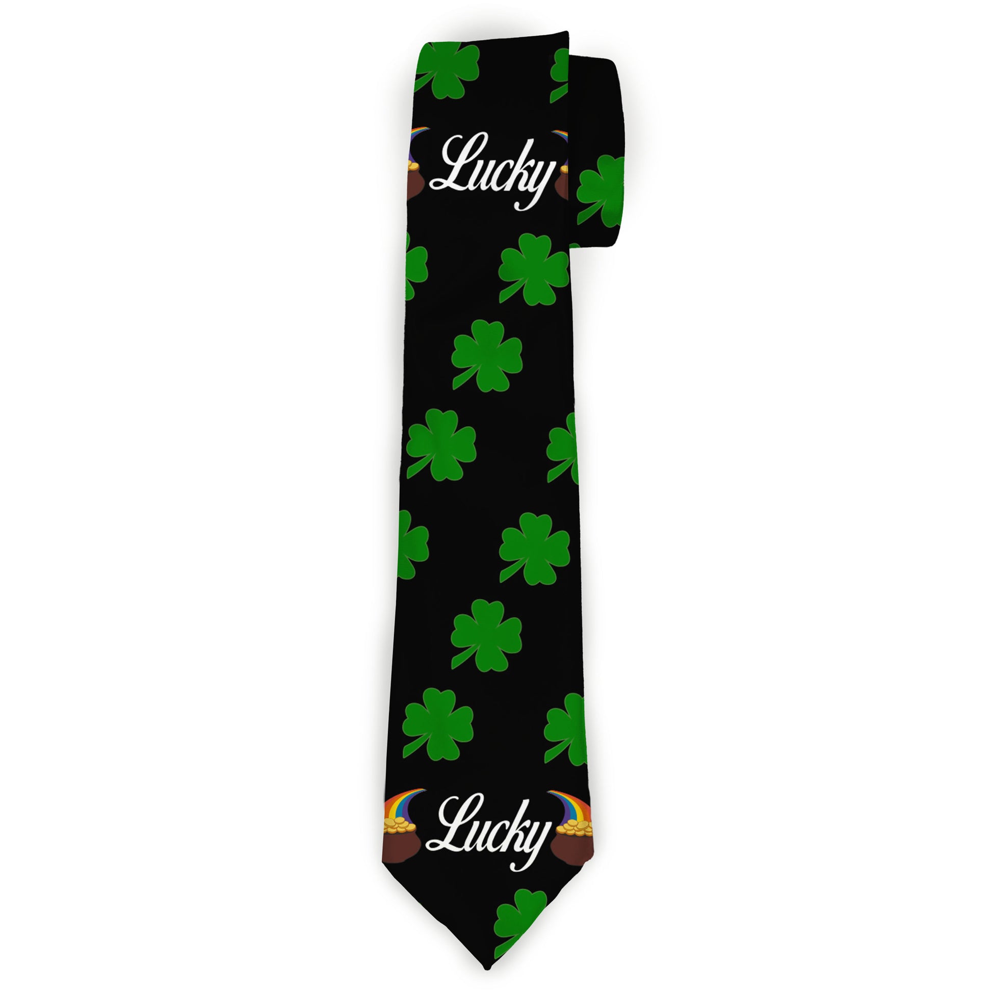 Buckle-Down Necktie - St. Pat's LUCKY Pot of Gold/Shamrocks Scattered Black/Green/White Neckties Buckle-Down
