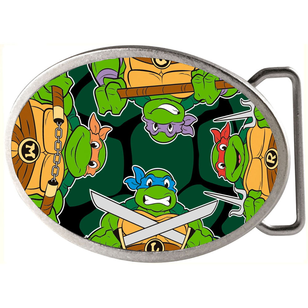 Classic TMNT Turtle Battle Poses Turtle Shell Framed FCG - Chrome Oval Rock Star Buckle Belt Buckles Teenage Mutant Ninja Turtles