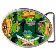 Classic TMNT Turtle Battle Poses Turtle Shell Framed FCG - Chrome Oval Rock Star Buckle Belt Buckles Teenage Mutant Ninja Turtles