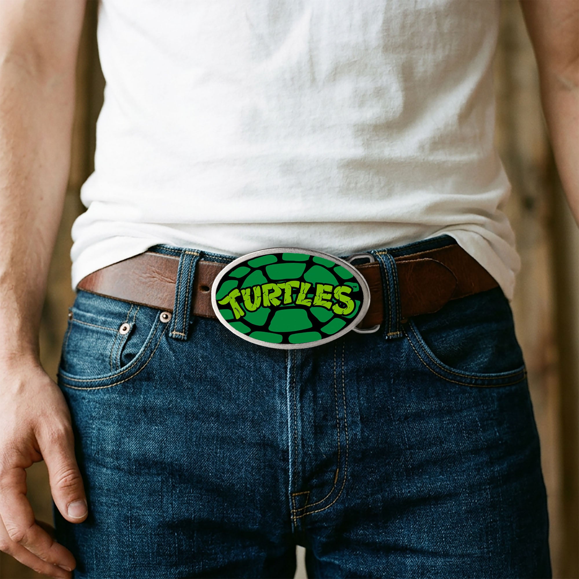 TURTLES Turtle Shell Framed FCG Black Greens - Chrome Oval Rock Star Buckle Belt Buckles Teenage Mutant Ninja Turtles