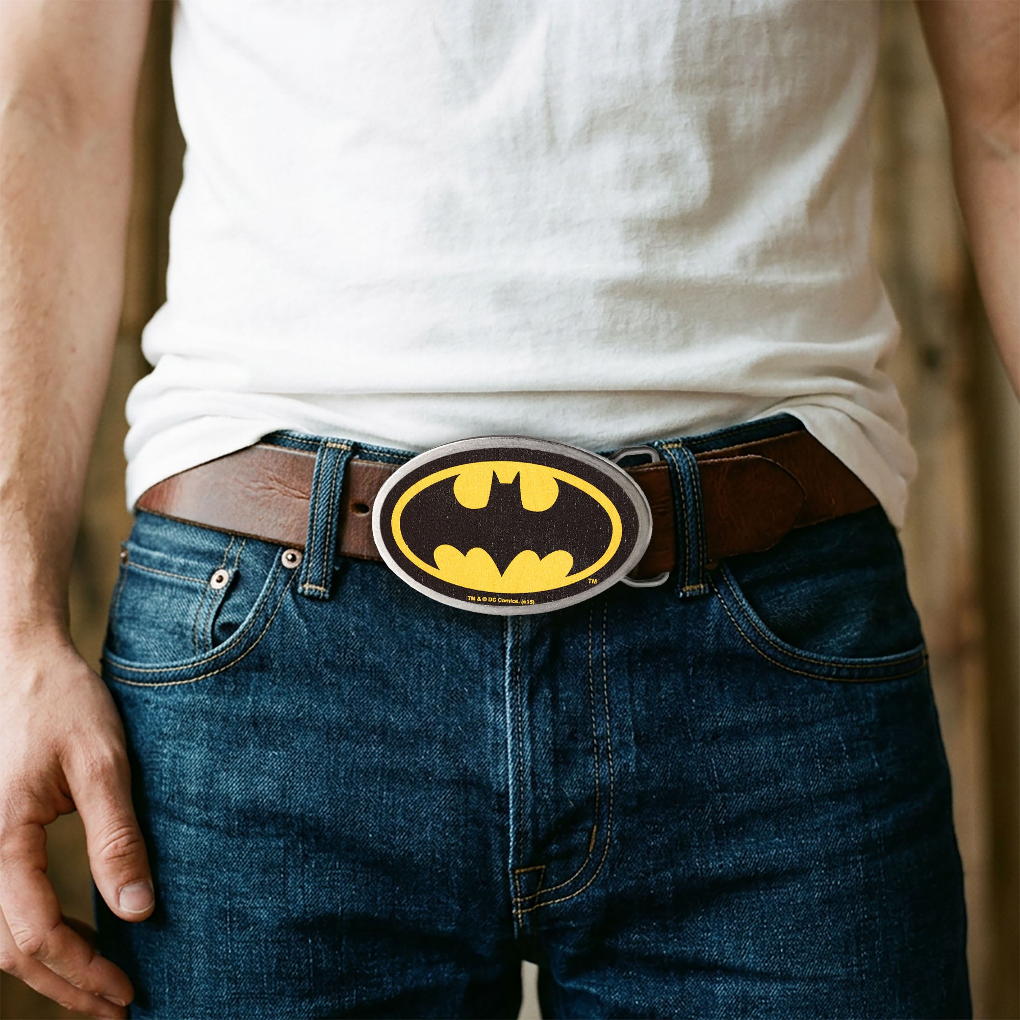 Batman Framed FCWood Black/Yellow - Matte Oval Rock Star Buckle Belt Buckles DC Comics