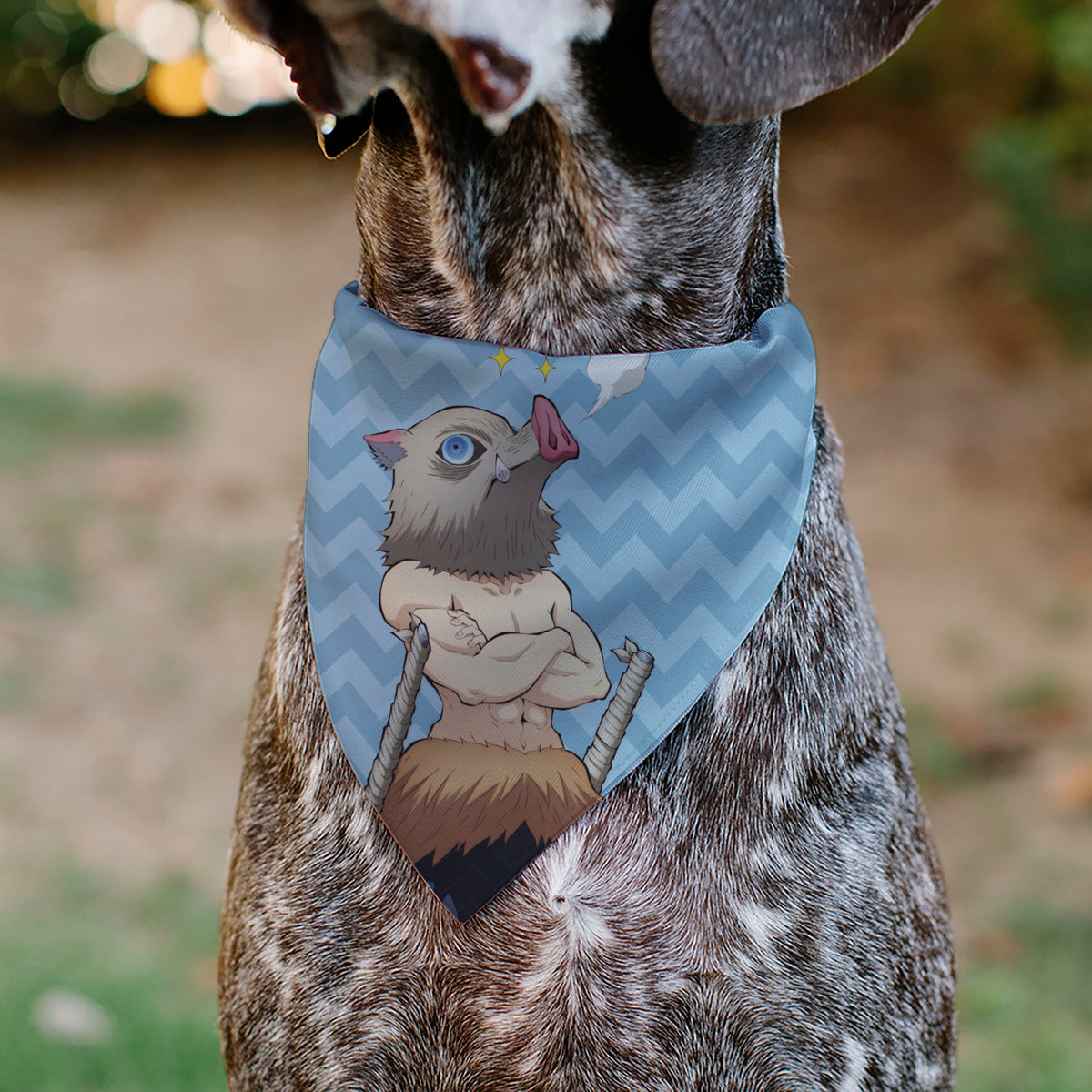 Pet Bandana - Demon Slayer Inosuke Hashibira Beast Breath Pose Chevron Blues Pet Bandanas Demon Slayer