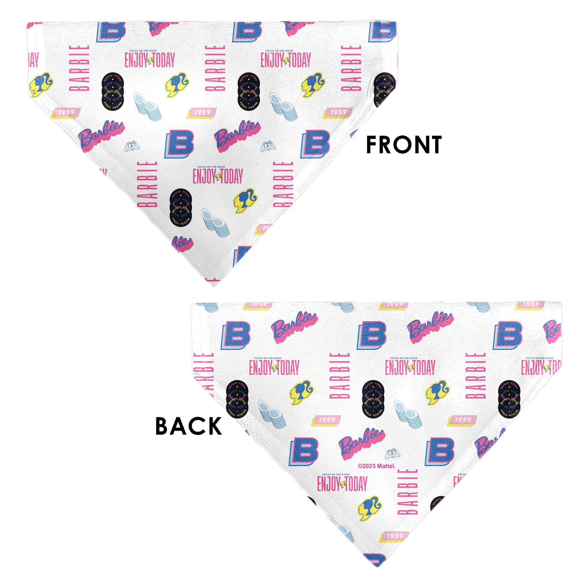 Pet Bandana - BARBIE ENJOY TODAY Text and Icons Collage White/Pinks/Blues Pet Bandanas Barbie