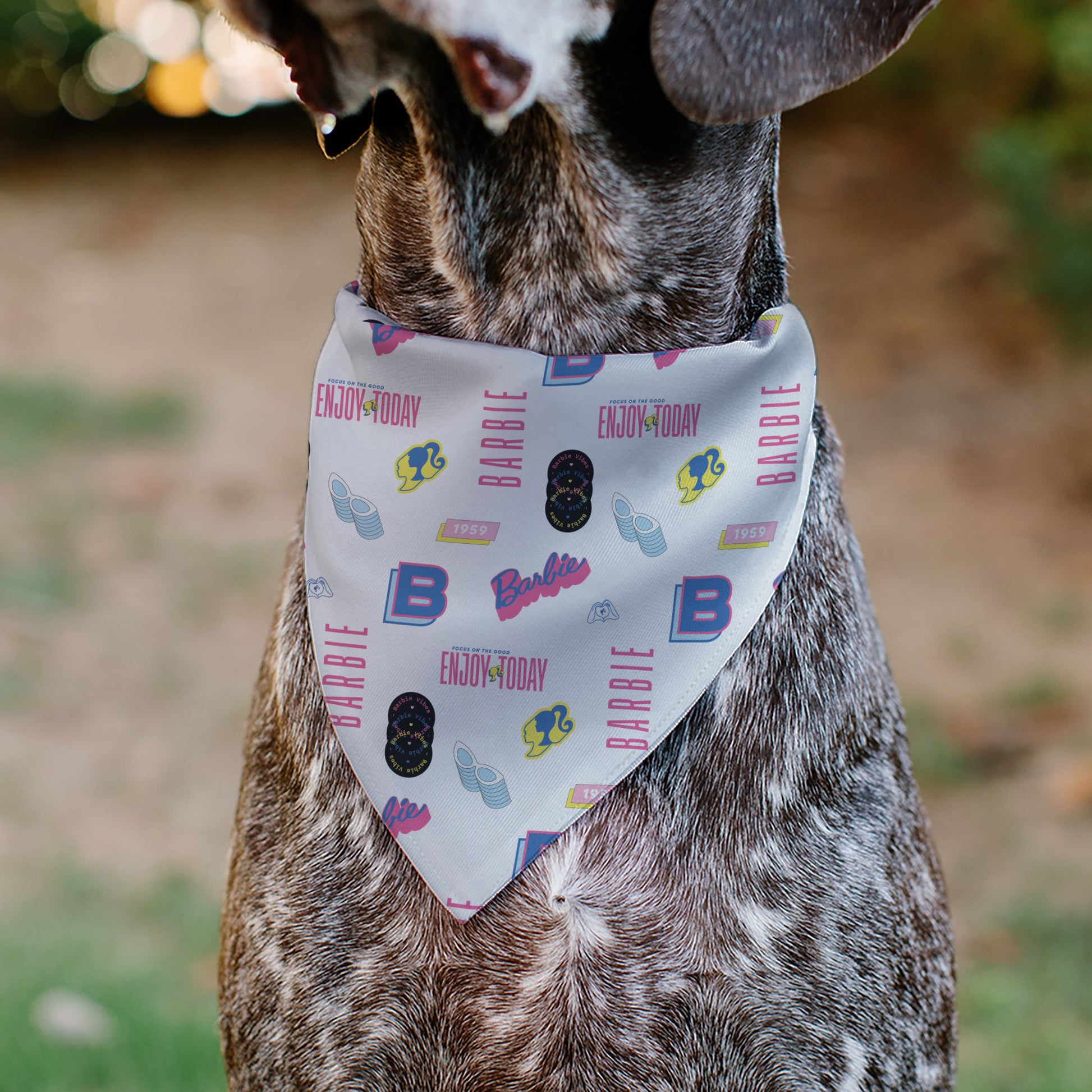 Pet Bandana - BARBIE ENJOY TODAY Text and Icons Collage White/Pinks/Blues Pet Bandanas Barbie