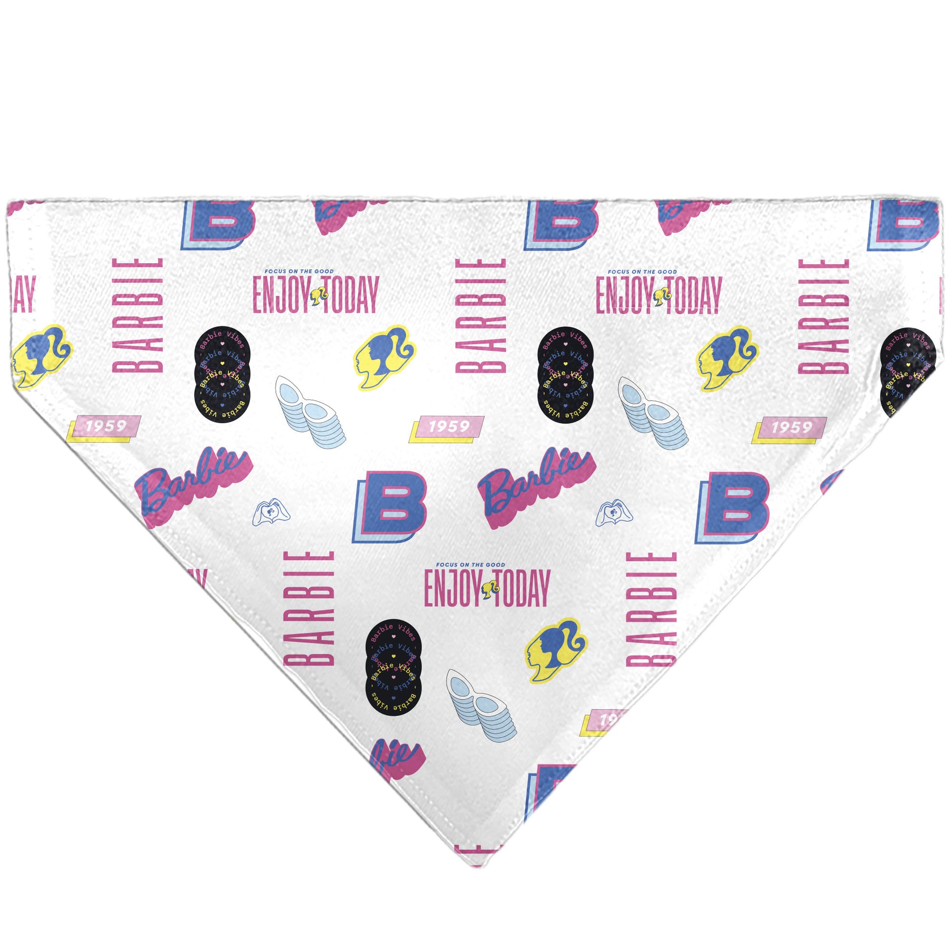 Pet Bandana - BARBIE ENJOY TODAY Text and Icons Collage White/Pinks/Blues Pet Bandanas Barbie