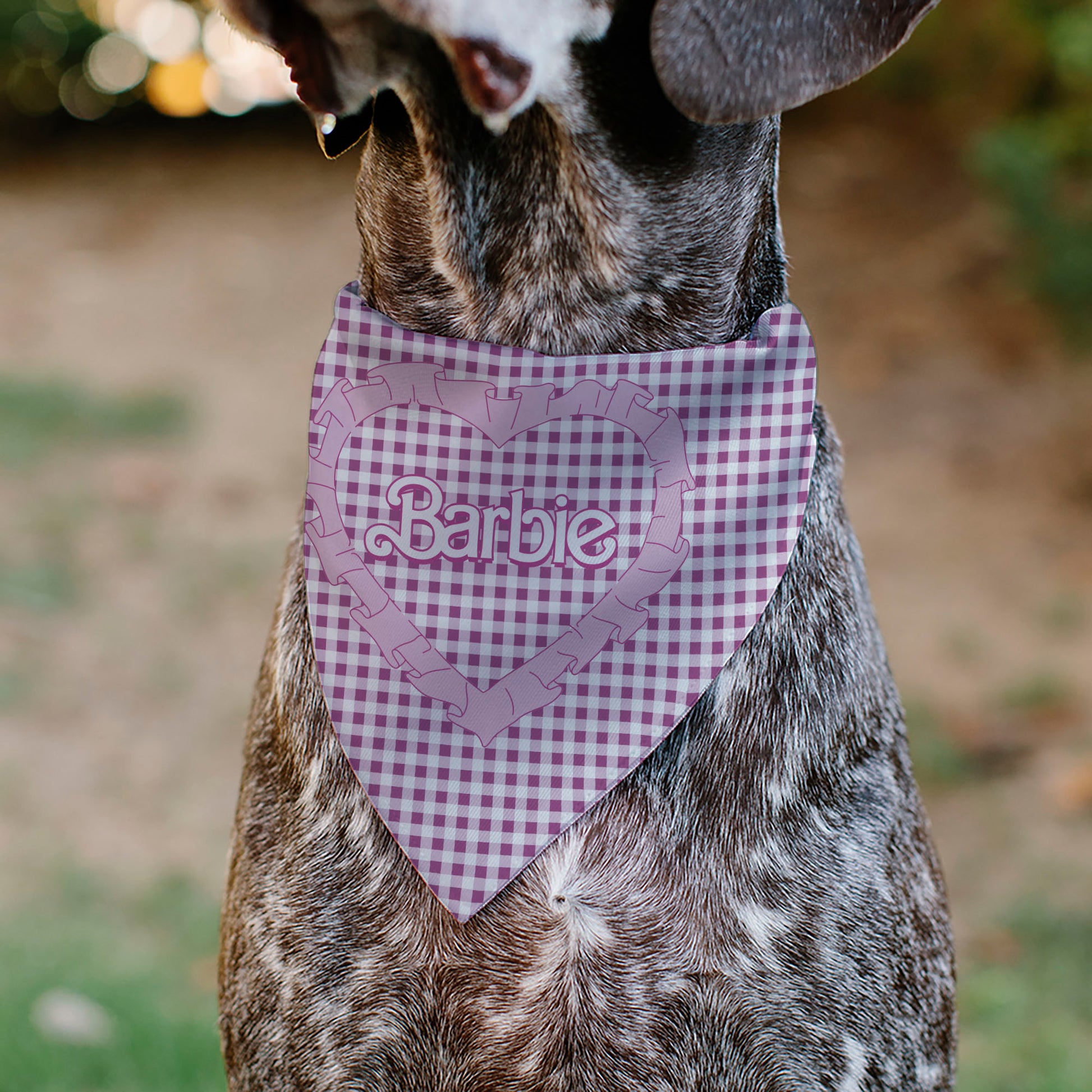 Pet Bandana - BARBIE Heart Text Logo Plaid Pinks Pet Bandanas Barbie