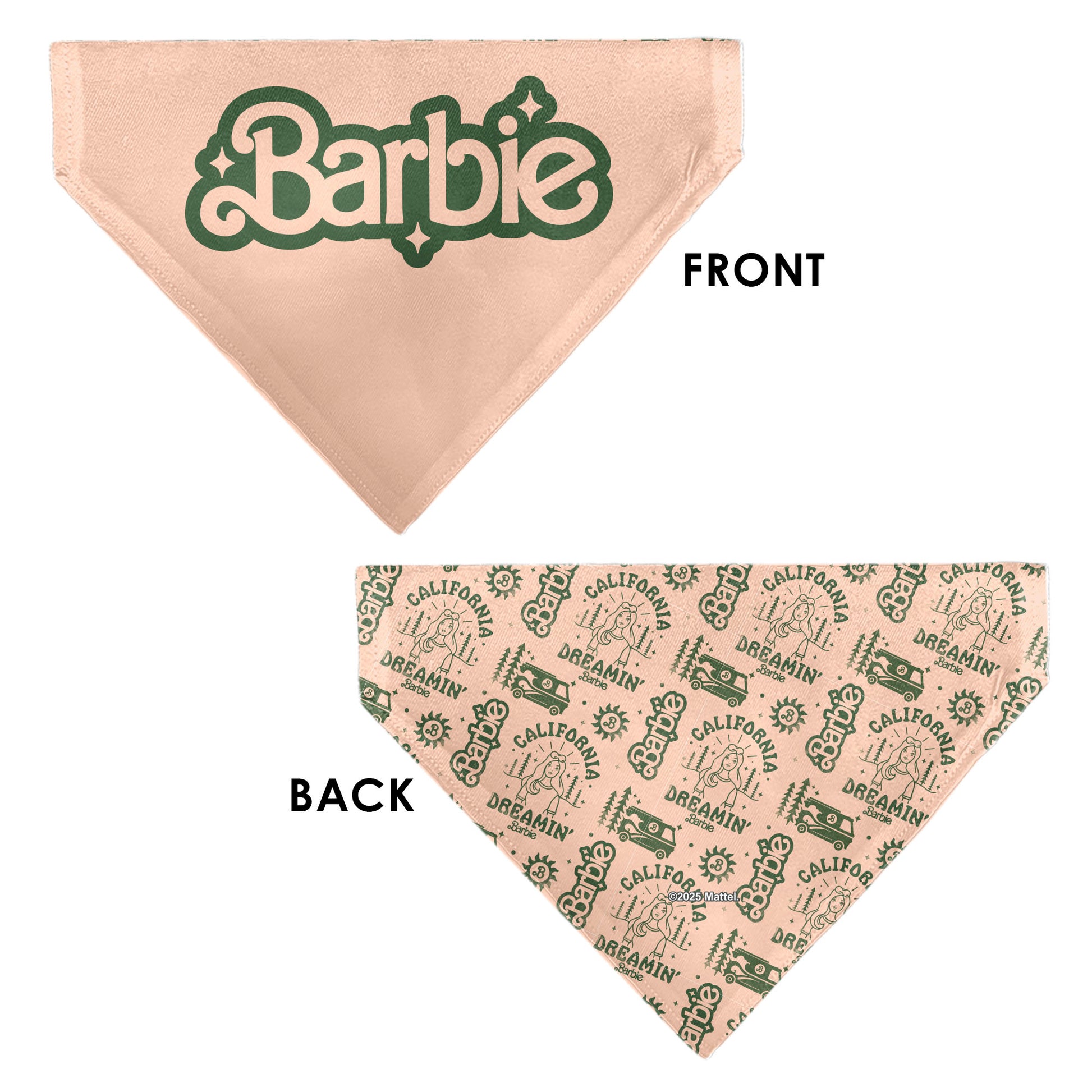 Pet Bandana - CALIFORNIA DREAMIN BARBIE Icons Collage and Script Peach/Olive Pet Bandanas Barbie