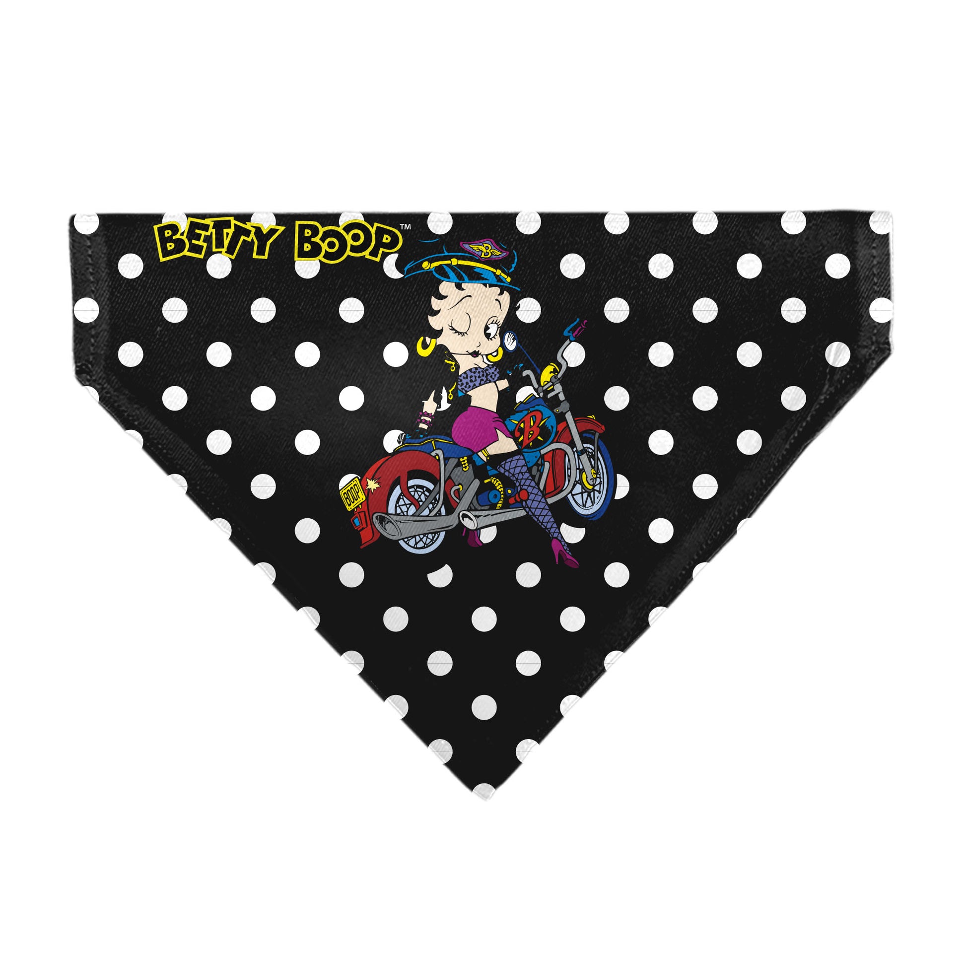 Pet Bandana - Bandana BETTY BOOP Biker Betty Winking Pose and Text Polka Dot Black/White/Yellow Pet Bandanas Betty Boop