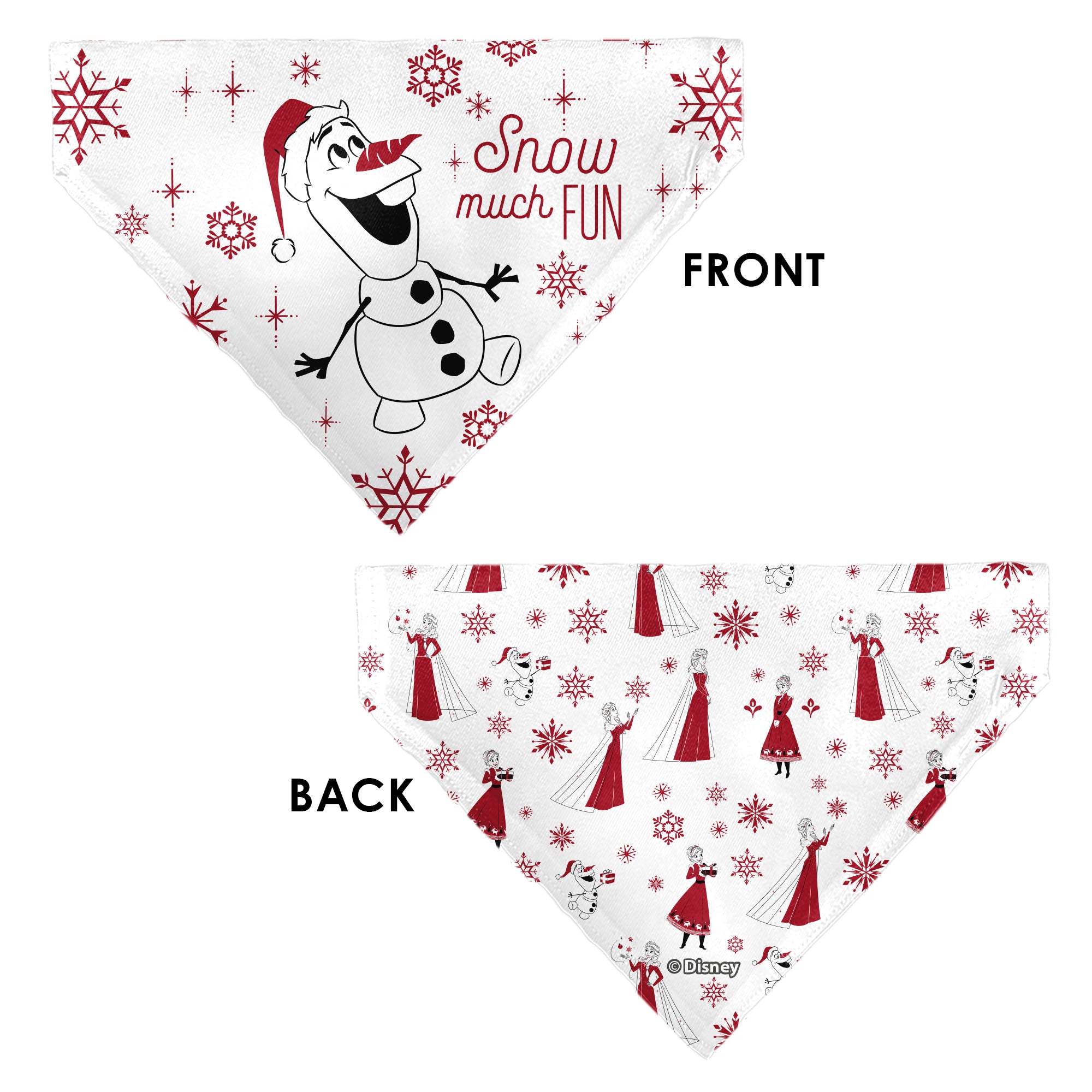 Pet Bandana - Frozen Olaf SNOW MUCH FUN Pose with Anna and Else Poses White/Red Pet Bandanas Disney