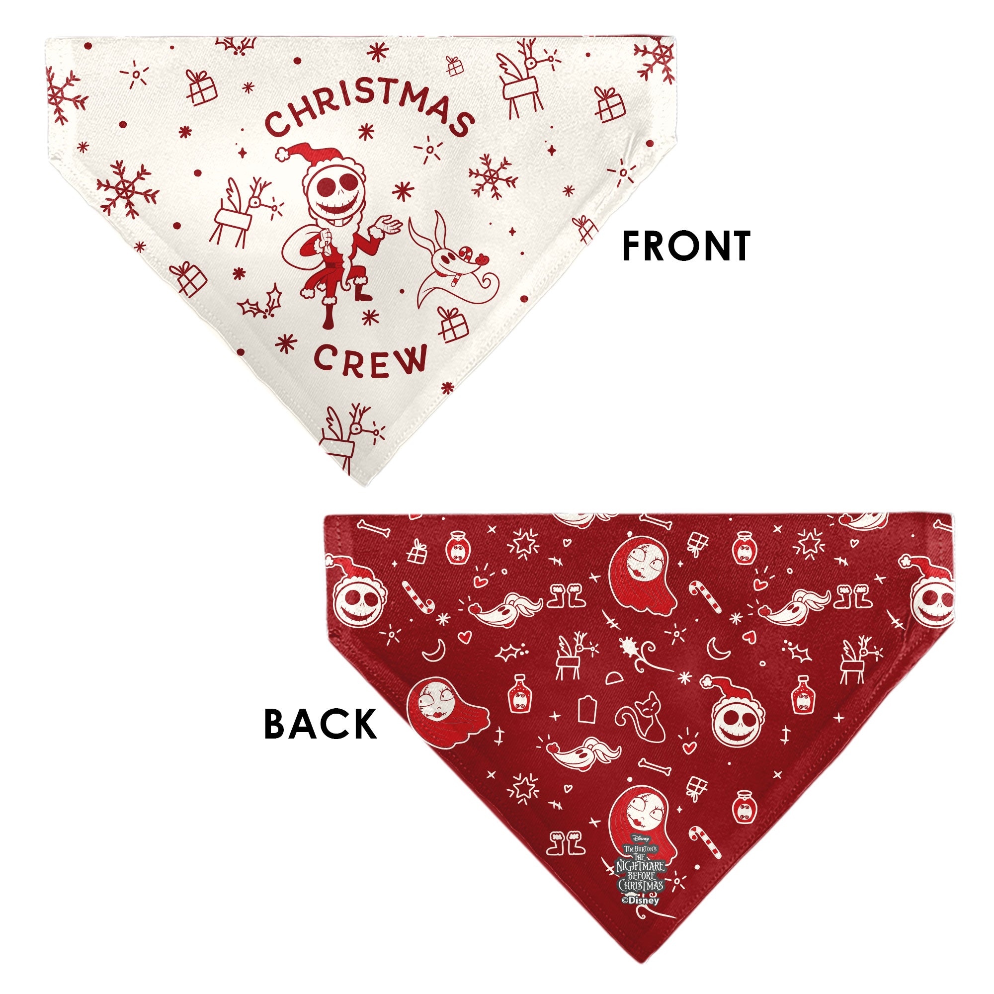 Pet Bandana - The Nightmare Before Christmas Jack and Zero CHRISTMAS CREW Pose with Icons Scattered White/Reds Pet Bandanas Disney