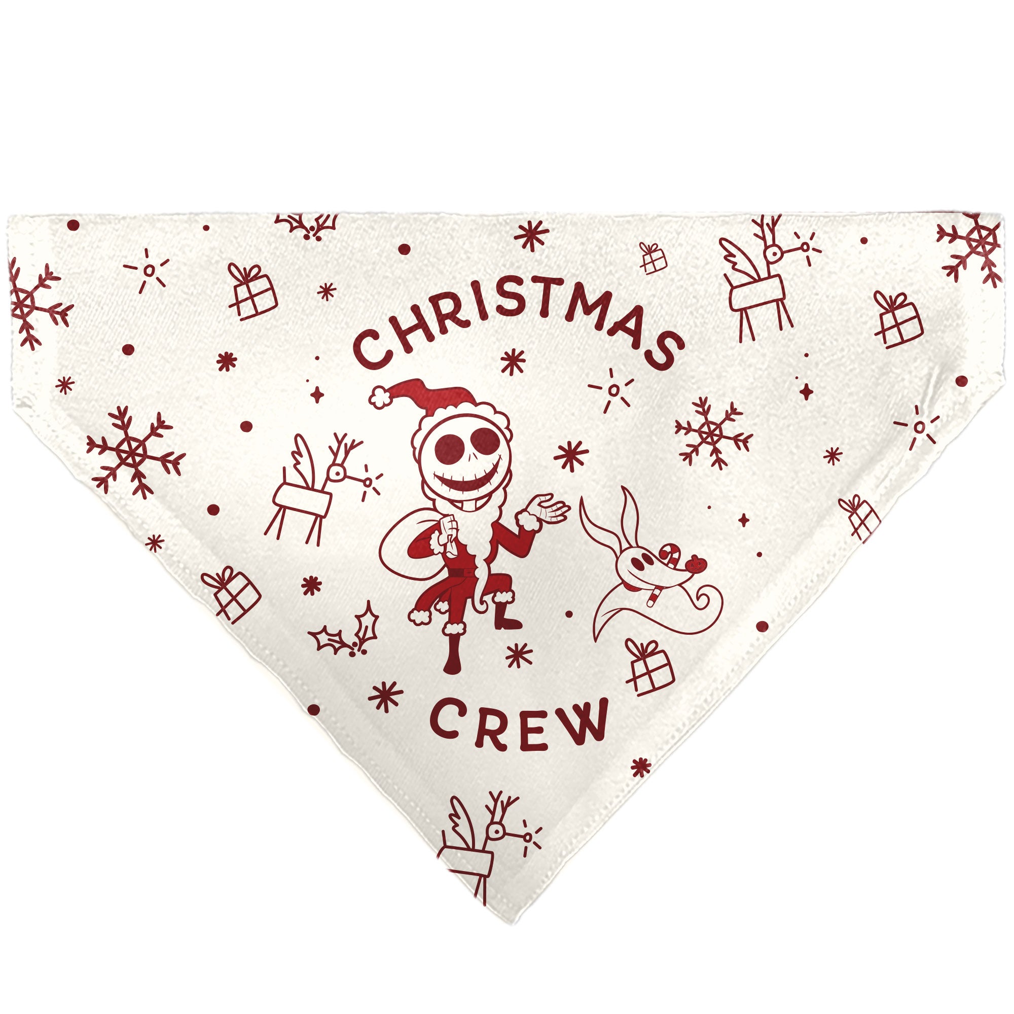 Pet Bandana - The Nightmare Before Christmas Jack and Zero CHRISTMAS CREW Pose with Icons Scattered White/Reds
