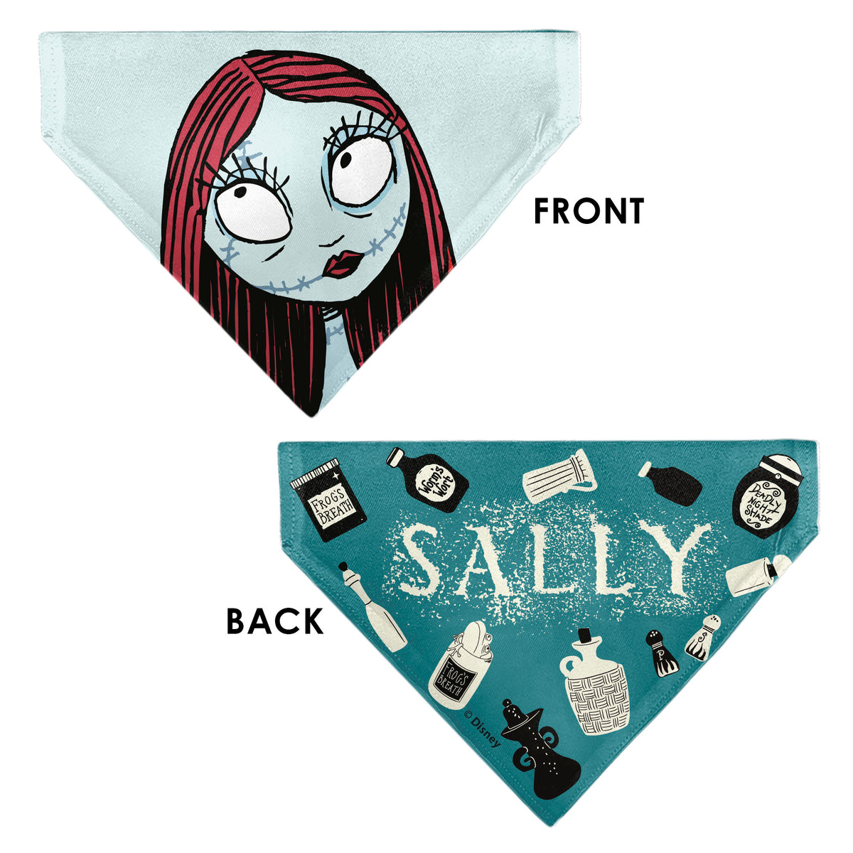 Pet Bandana - The Nightmare Before Christmas SALLY Face with Text and Potions Collage Light Blue