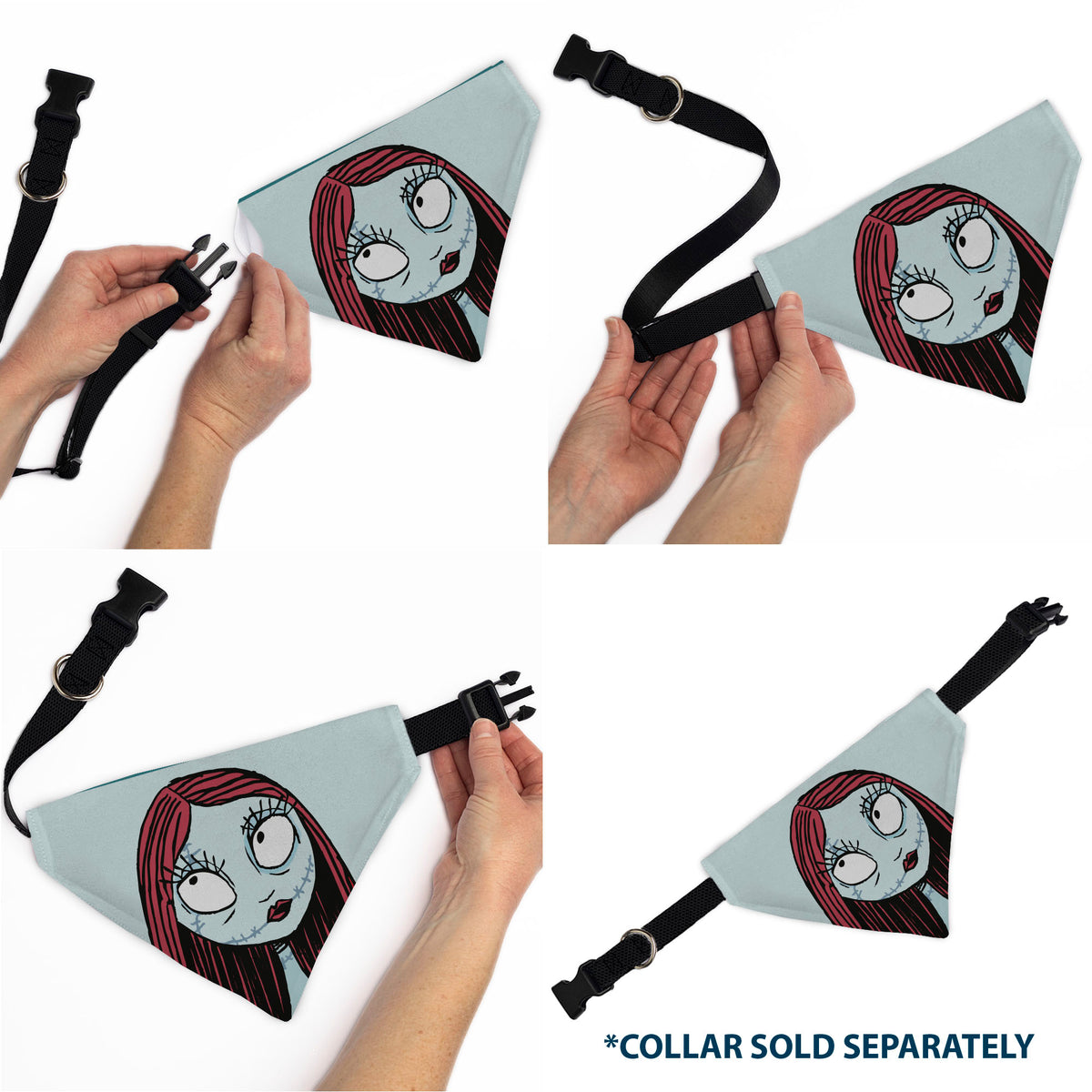 Pet Bandana - The Nightmare Before Christmas SALLY Face with Text and Potions Collage Light Blue