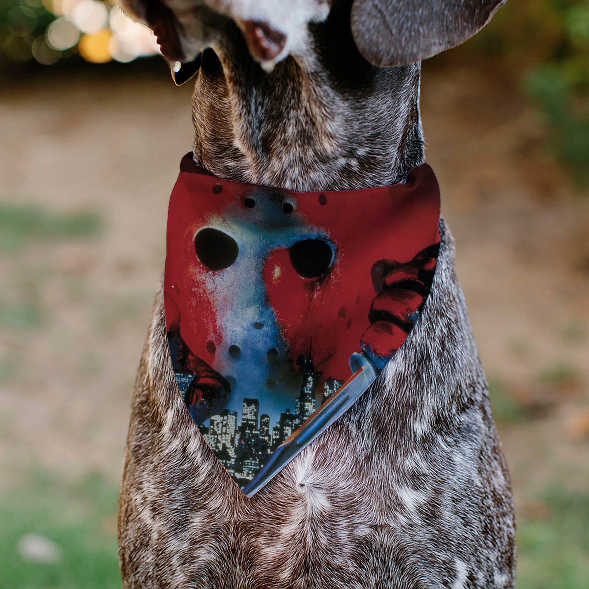 Pet Bandana - FRIDAY THE 13TH Jason Hockey Mask Cityscape and Title Logo Black/Red Pet Bandanas Friday the 13th