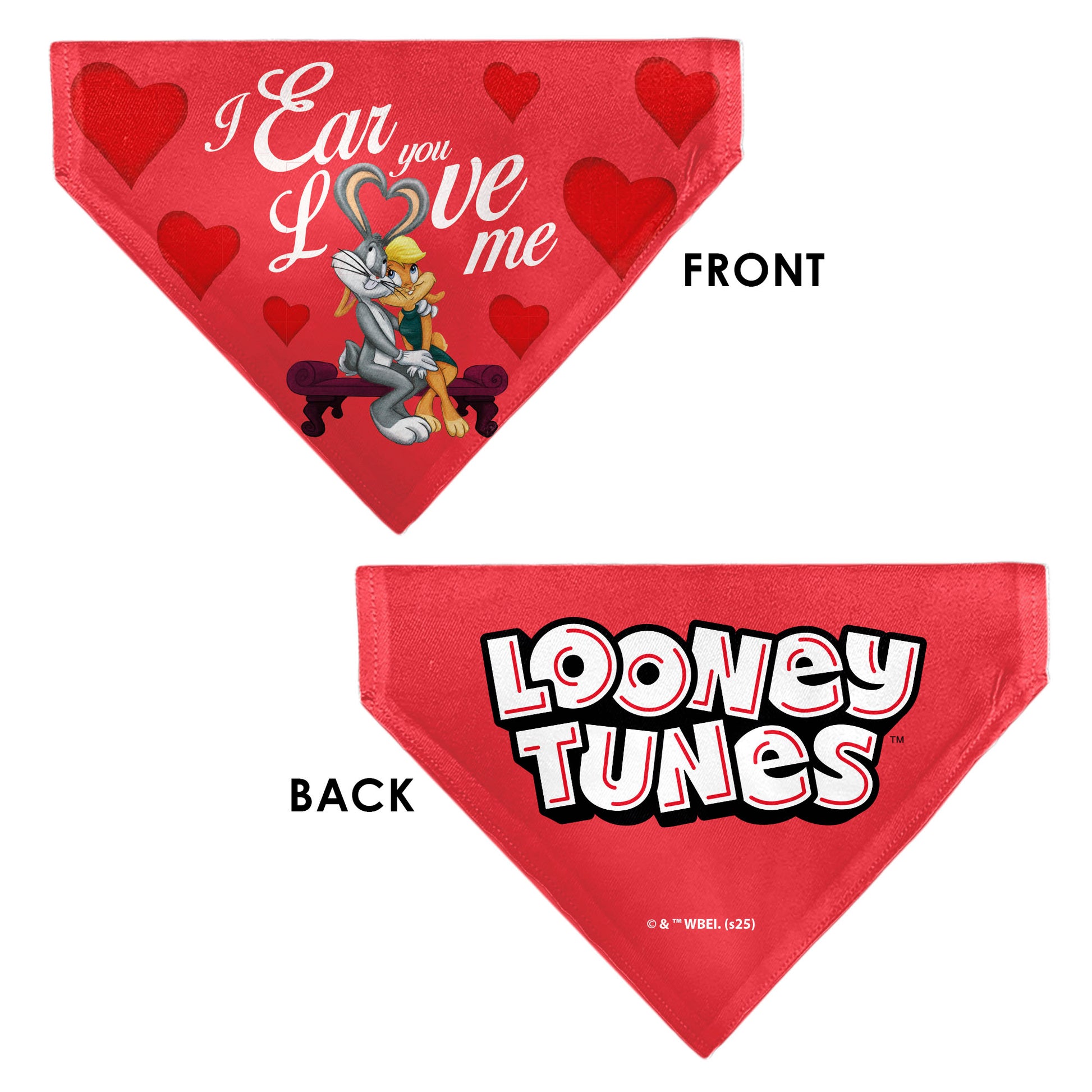 Pet Bandana - Bugs Bunny and Lola Bunny I EAR YOU LOVE ME Pose Hearts and Title Logo Reds Pet Bandanas Looney Tunes