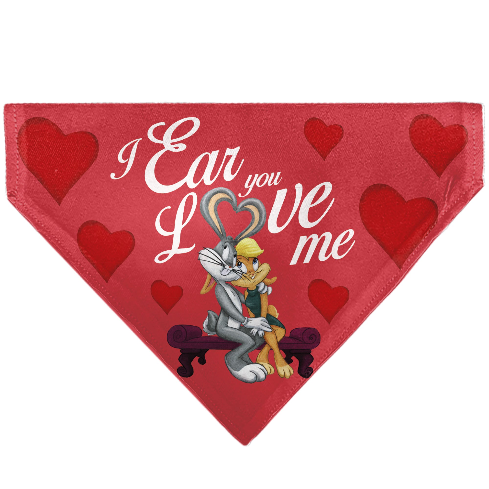 Pet Bandana - Bugs Bunny and Lola Bunny I EAR YOU LOVE ME Pose Hearts and Title Logo Reds Pet Bandanas Looney Tunes