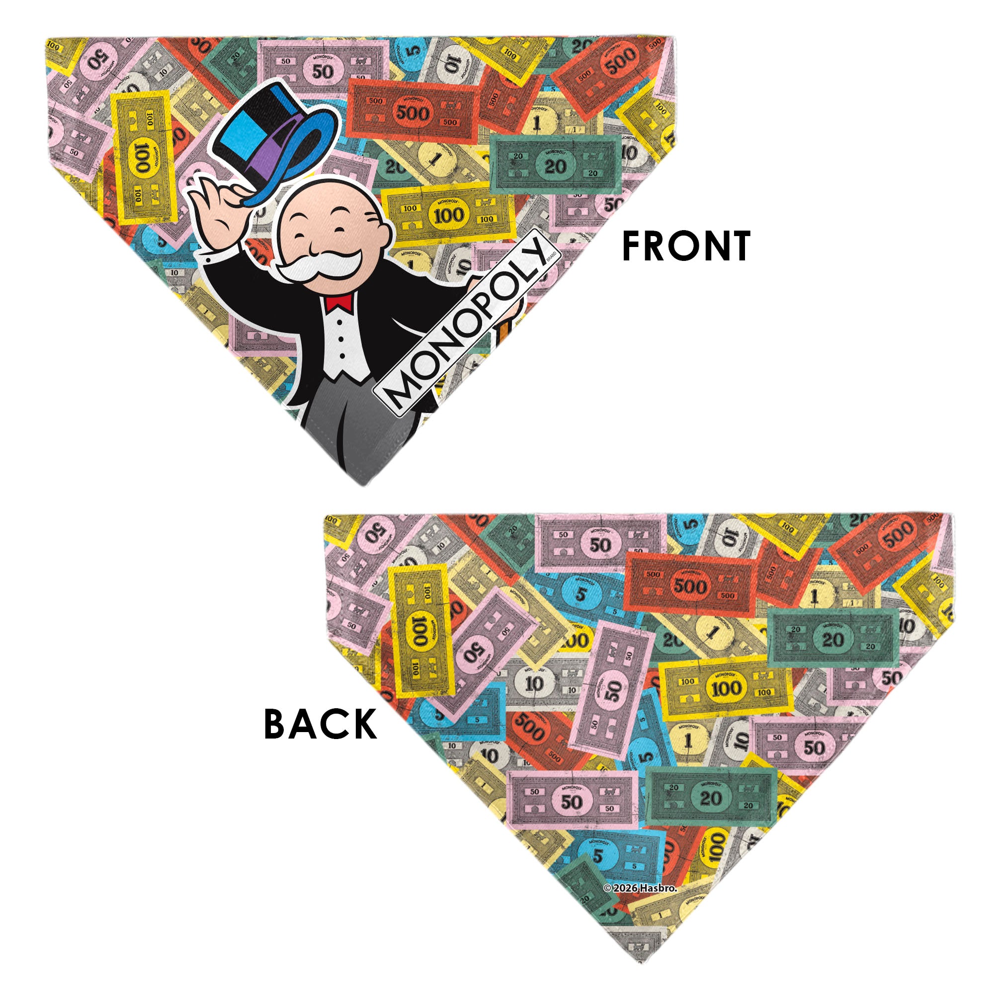 Pet Bandana - Mr. Monopoly Poses Play Money Stacked Multi Color Pet Bandanas Monopoly