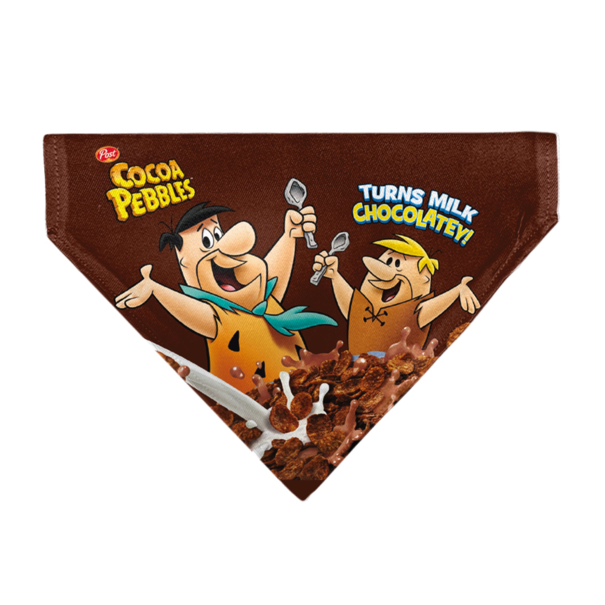 Pet Bandana - COCOA PEBBLES Fred Flintstone and Barney Rubble Cereal Box Print and Vivid Cereal Brown Pet Bandanas The Flintstones