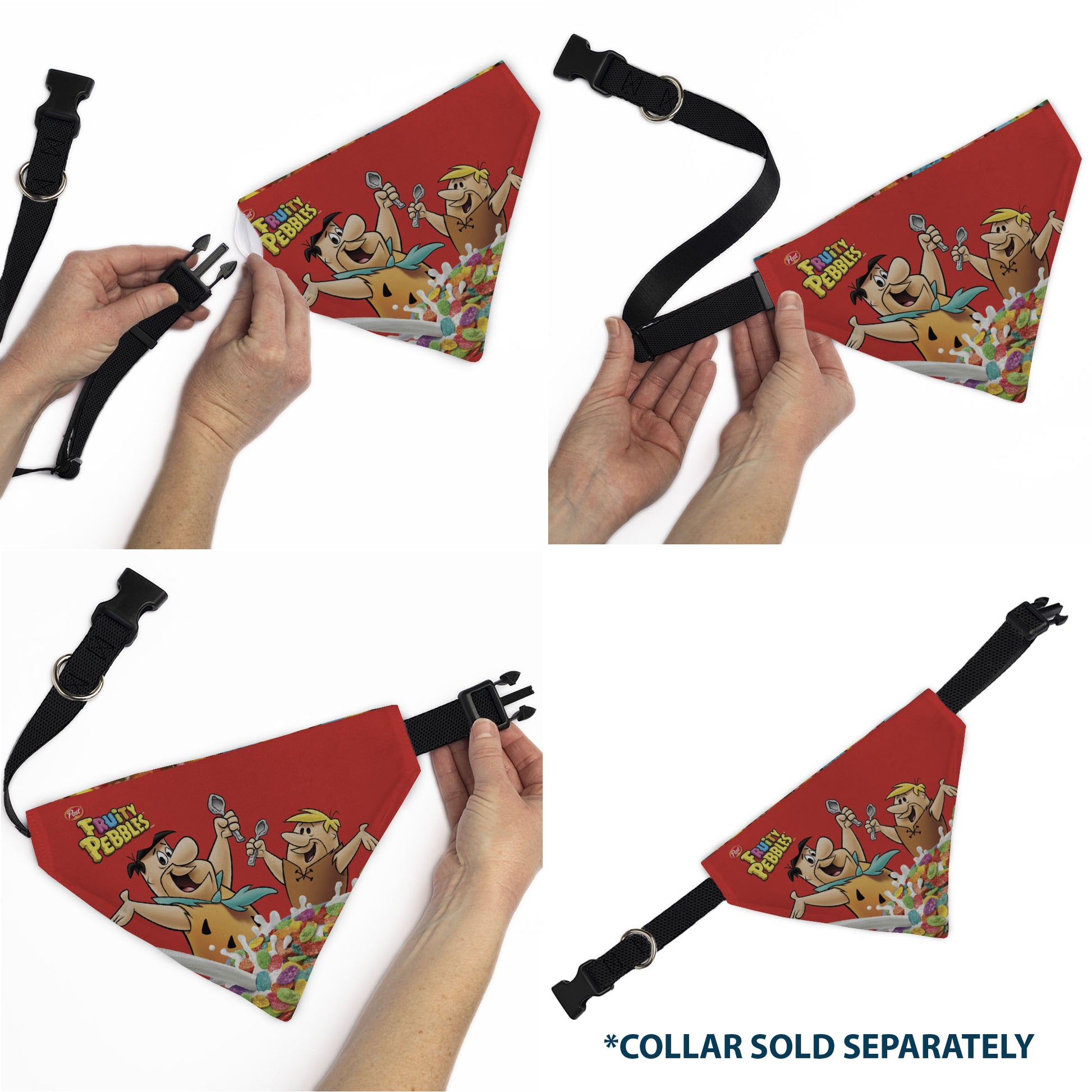 Pet Bandana - FRUITY PEBBLES Fred Flintstone and Barney Rubble Cereal Box Print and Vivid Cereal Multi Color Pet Bandanas The Flintstones