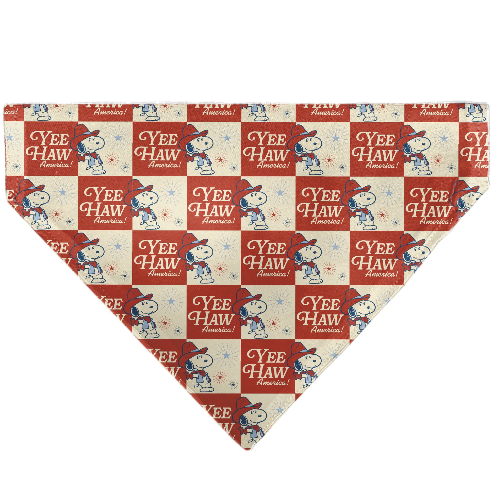 Pet Bandana - Peanuts Snoopy YEE HAW AMERICA Pose Checker Ivory/Red/Blues Pet Bandanas Peanuts