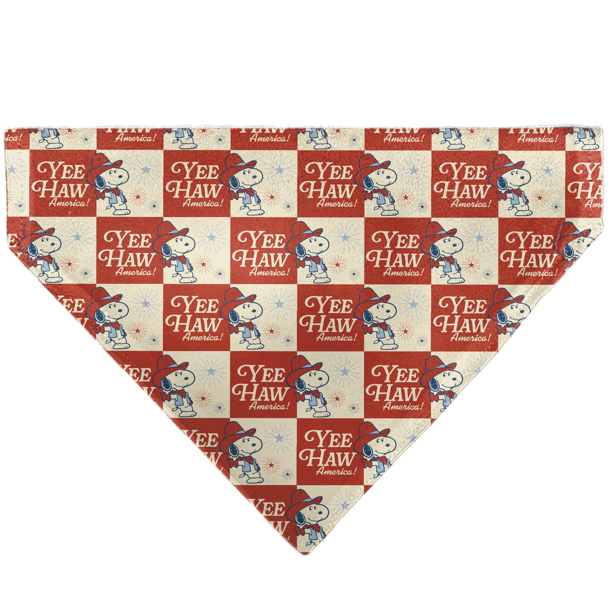 Pet Bandana - Peanuts Snoopy YEE HAW AMERICA Pose Checker Ivory/Red/Blues Pet Bandanas Peanuts