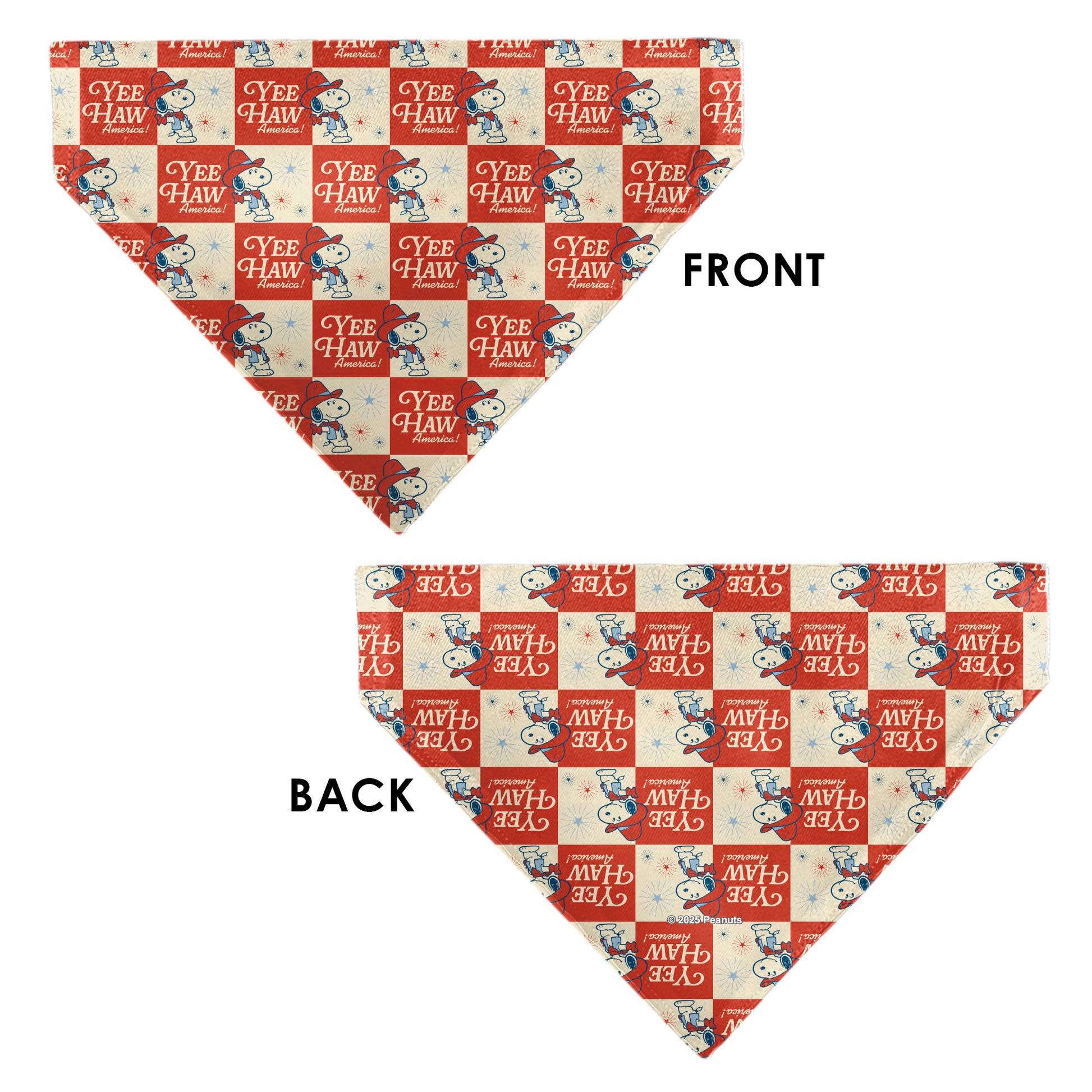 Pet Bandana - Peanuts Snoopy YEE HAW AMERICA Pose Checker Ivory/Red/Blues Pet Bandanas Peanuts