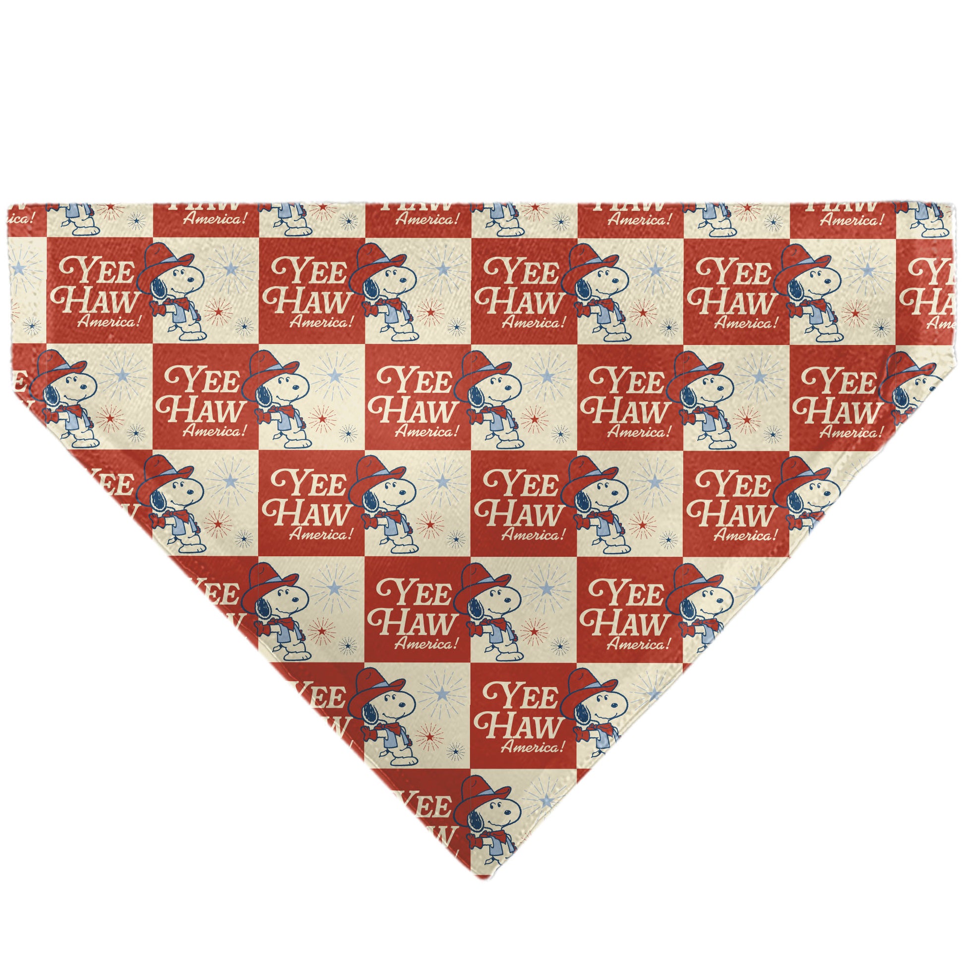 Pet Bandana - Peanuts Snoopy YEE HAW AMERICA Pose Checker Ivory/Red/Blues Pet Bandanas Peanuts