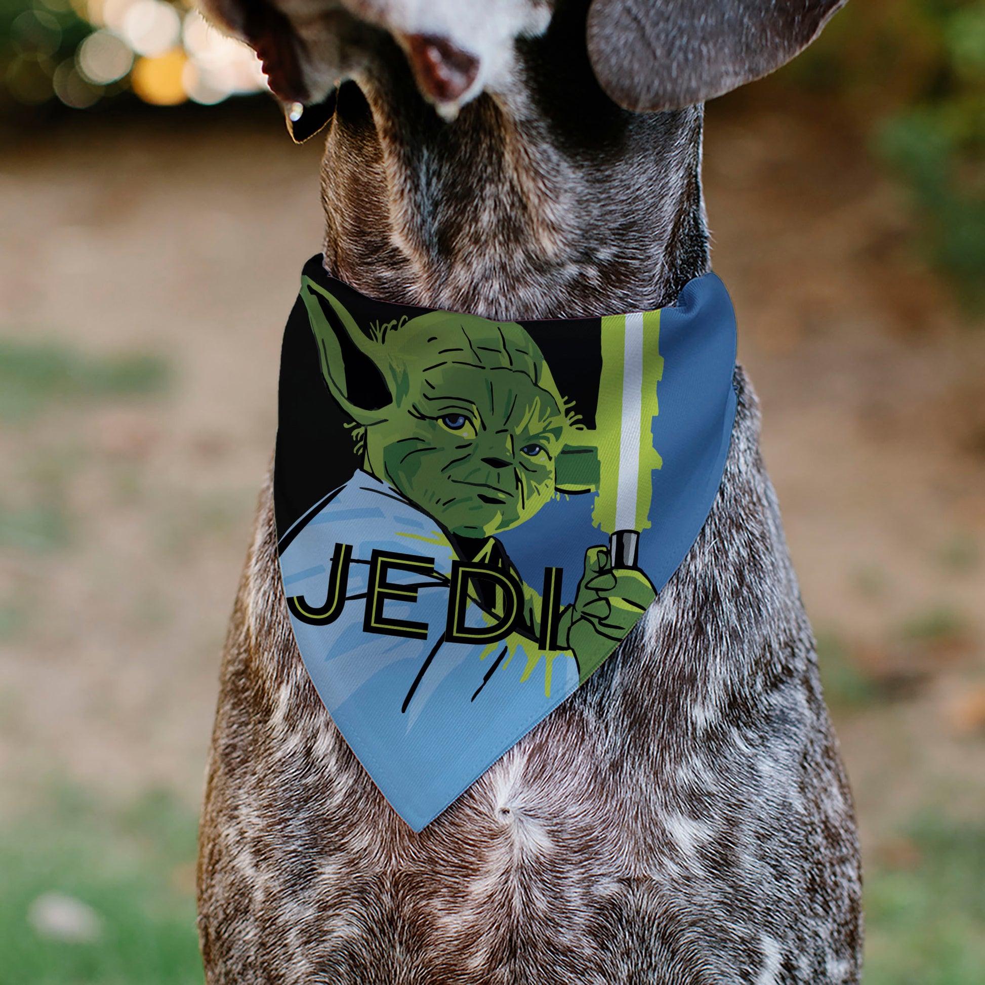 Pet Bandana - Star Wars JEDI Text and Yoda Lightsaber Pop Art Pose Black/Blues Pet Bandanas Star Wars