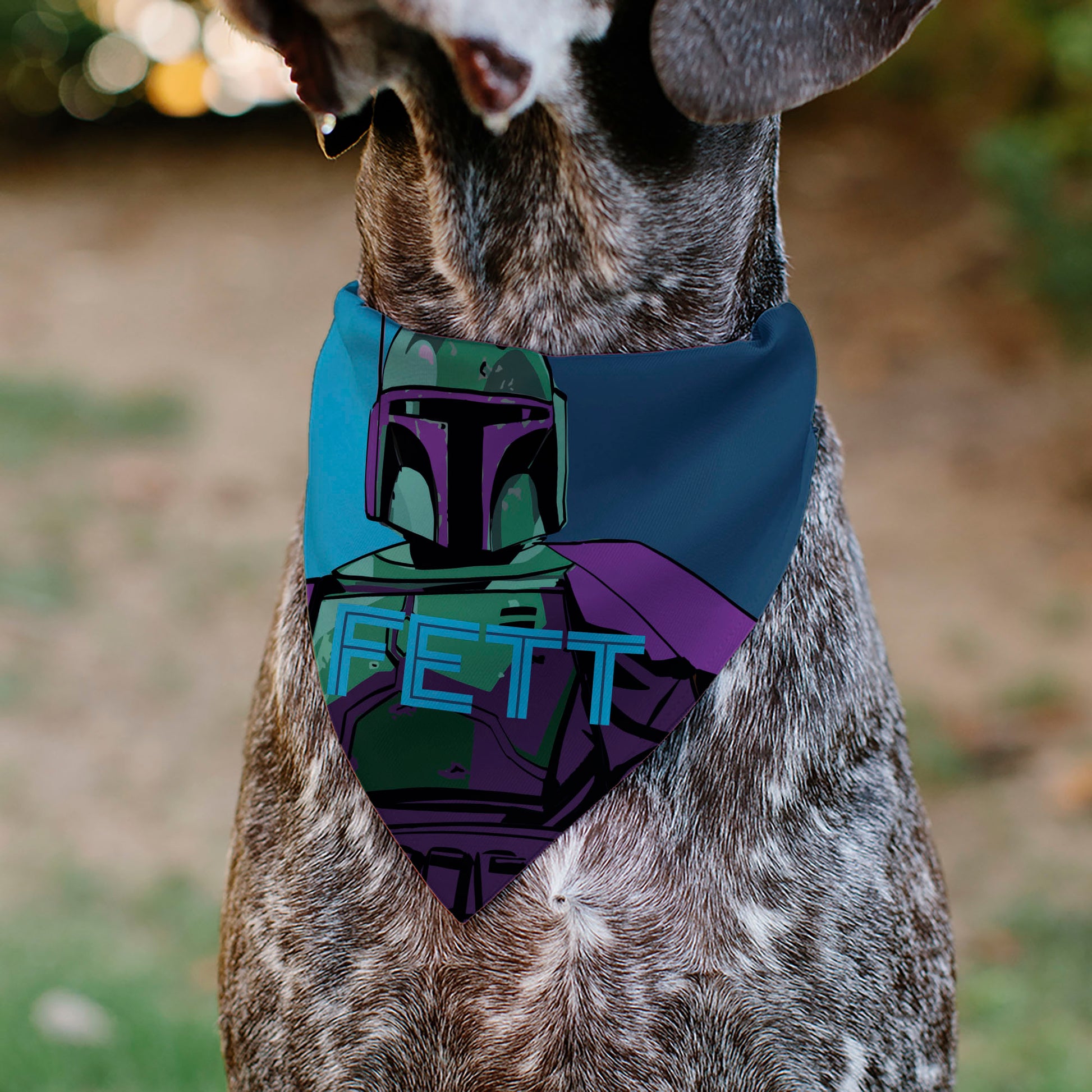 Pet Bandana - Star Wars FETT Text and Boba Fett Pop Art Pose Blues Pet Bandanas Star Wars