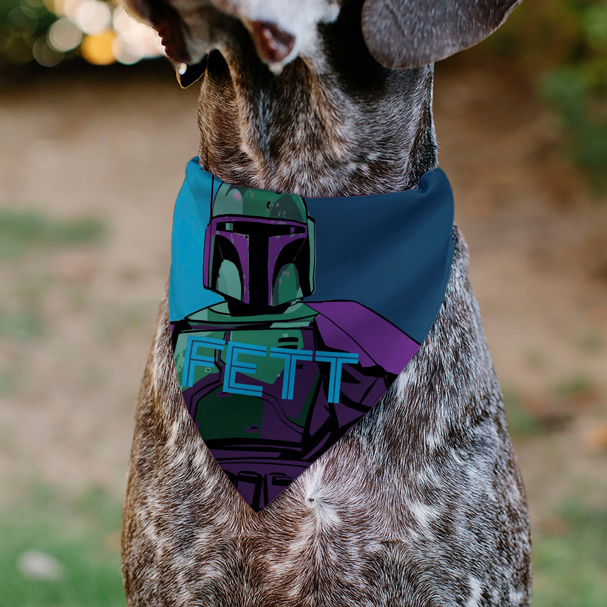Pet Bandana - Star Wars FETT Text and Boba Fett Pop Art Pose Blues Pet Bandanas Star Wars
