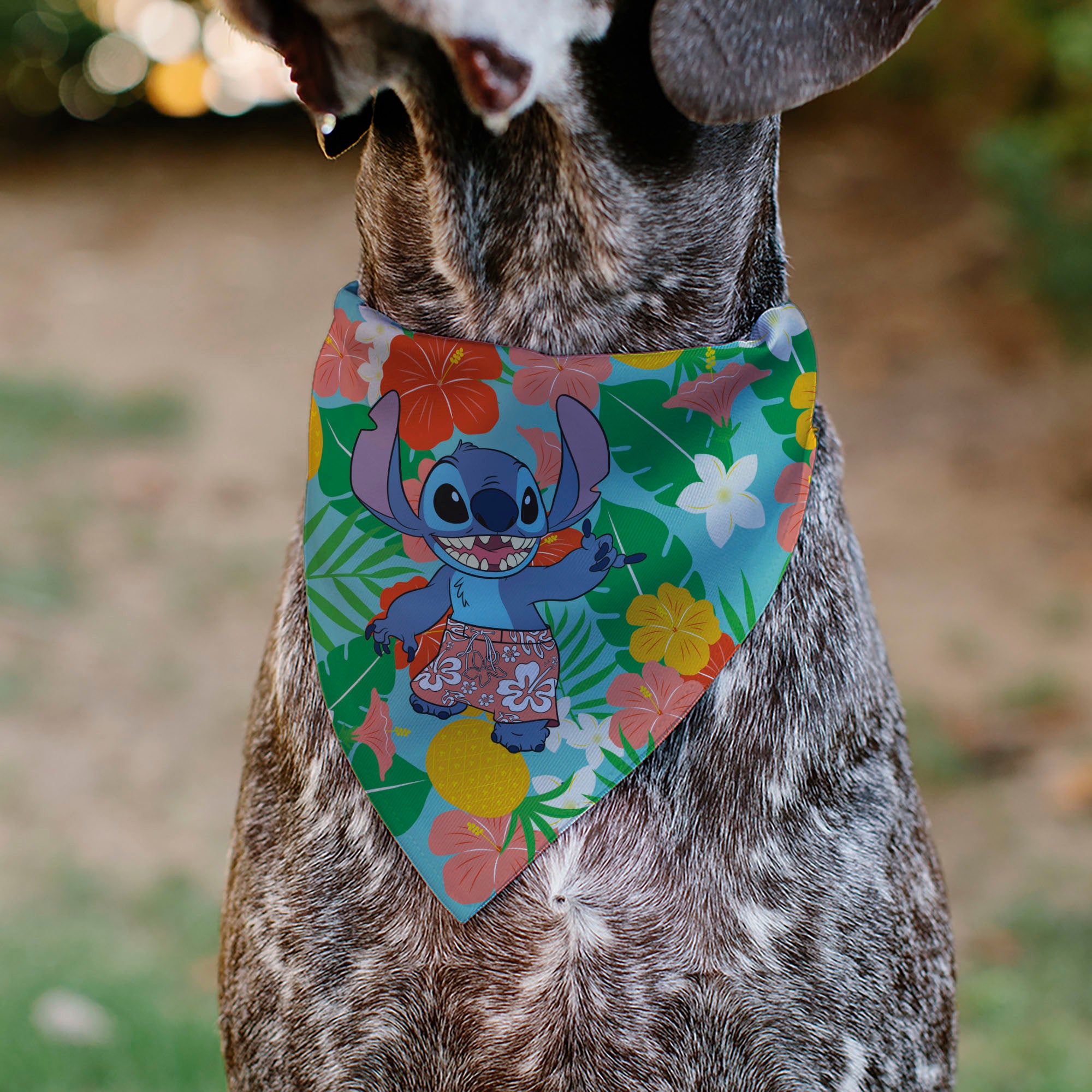 Pet Bandana - Lilo & Stitch Stitch Hang Loose Pose Floral Collage Blue Pet Bandanas Disney