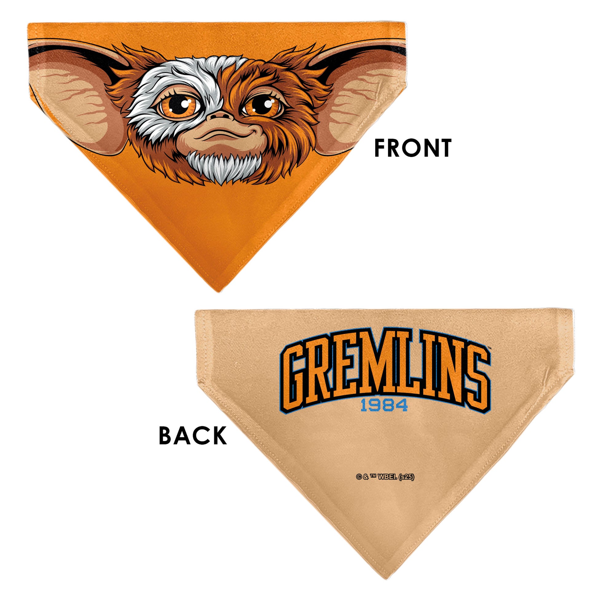 Pet Bandana - Gizmo Face and GREMLINS 1984 Varsity Text Beige/Blue/Yellow Pet Bandanas Gremlins