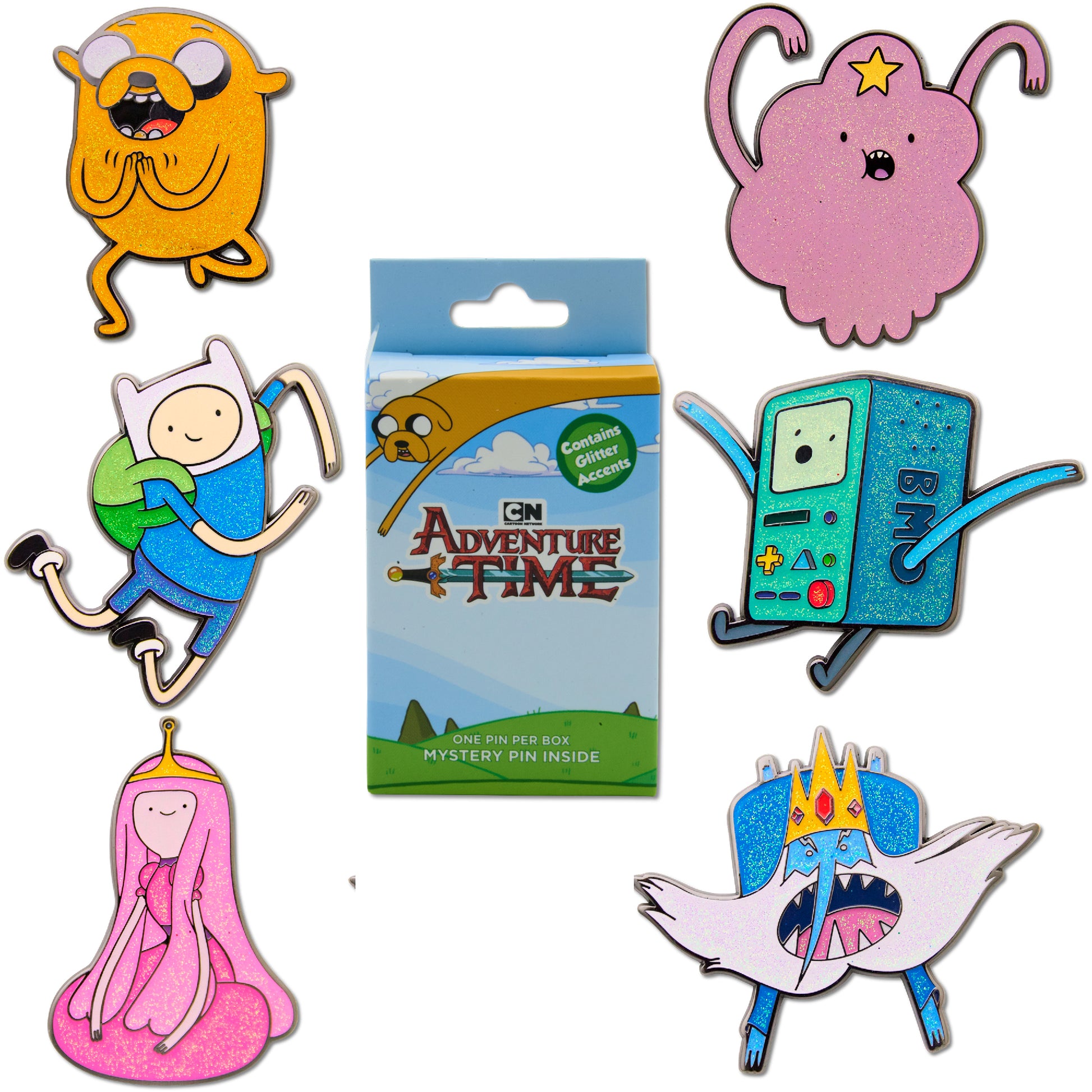 Adventure Time Mystery Enamel Pin Blind Box Series, BMO, Finn, The Ice King, Jake, Lumpy Space Princess, or Princess Bubblegum Blind Box Pins Adventure Time
