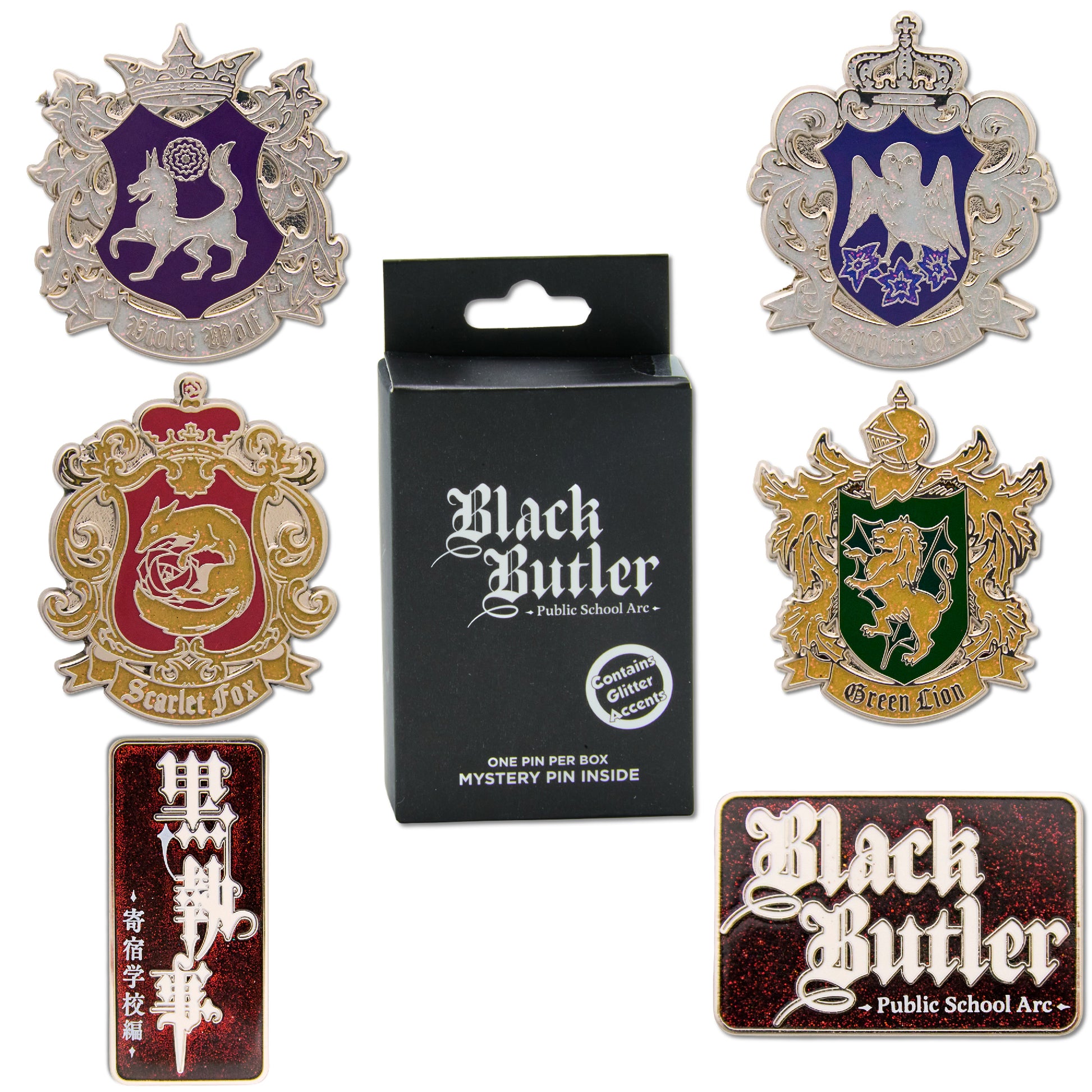 Black Butler Mystery Enamel Pin Blind Box Series, Sapphire Owl House Crest, Green Lion House Crest, Scarlet Fox House Crest, Violet Wolf House Crest, Public School Arc Title Logo, or Kanji Title Logo Blind Box Pins Black Butler