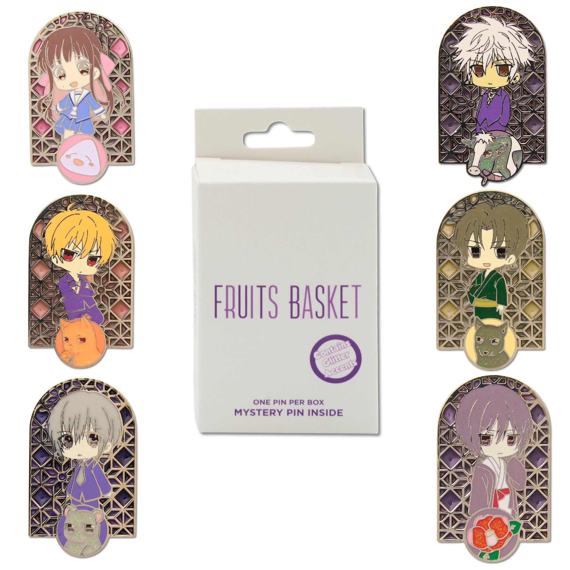 Fruits Basket Mystery Enamel Pin Blind Box Series, Akito Sohma and Camelia Flower, Hatsuharu Sohma and Ox, Kyo Sohma and Cat, Shigure Sohma and Dog, Tohru Honda and Rice Ball, or Yuki Sohma and Rat Blind Box Pins Fruits Basket