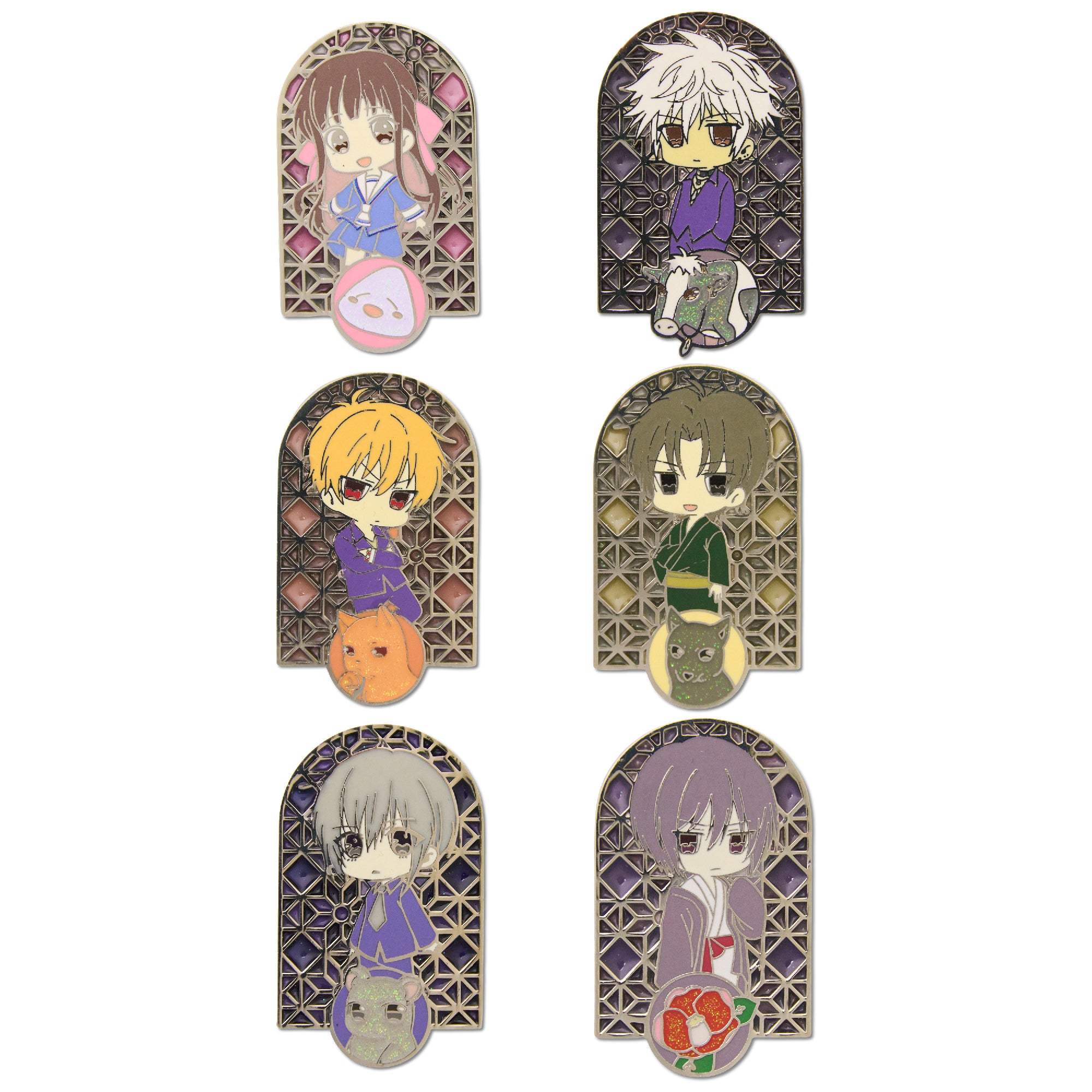 Fruits Basket Mystery Enamel Pin Blind Box Series, Akito Sohma and Camelia Flower, Hatsuharu Sohma and Ox, Kyo Sohma and Cat, Shigure Sohma and Dog, Tohru Honda and Rice Ball, or Yuki Sohma and Rat Blind Box Pins Fruits Basket